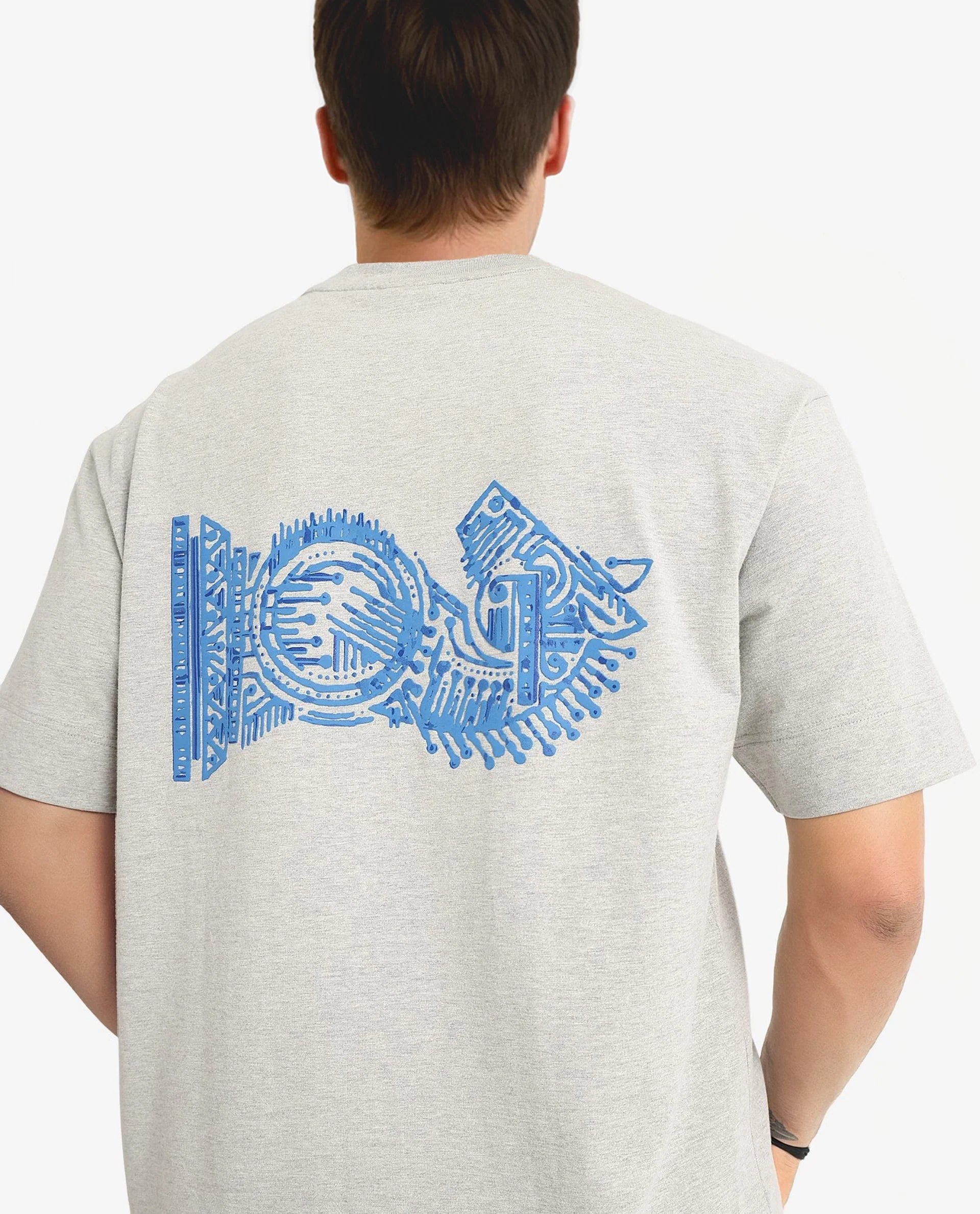 Rare Rabbit Men Ight Melange Grey Cotton Fabric Short Sleeve Crew Neck Oversized Fit Graphic Back Print T-Shirt