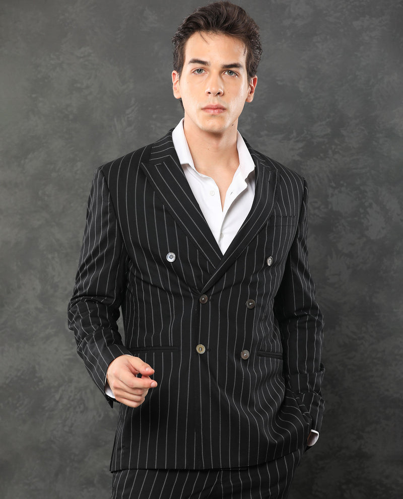 Rare Rabbit Men's Tazy Black Polyester Viscose Fabric Peak Lapel Button Closure Double Breasted Self Stripe Suits