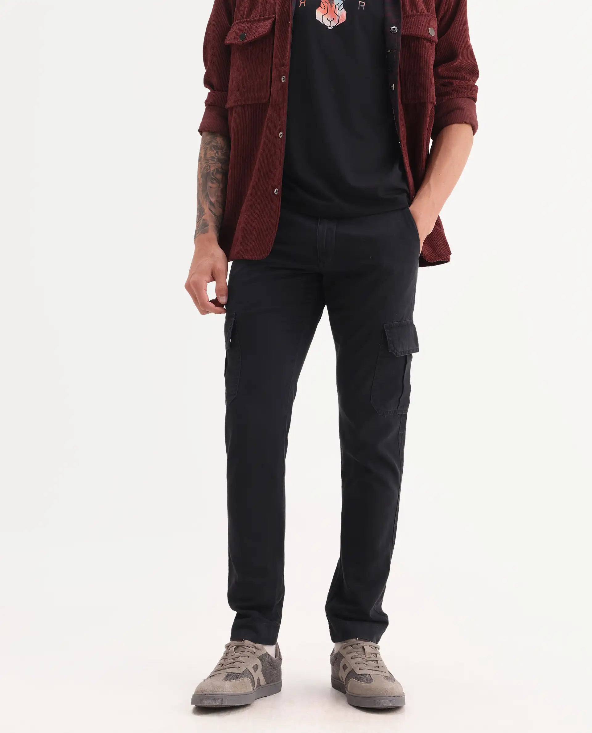 Rare Rabbit Men's Inbuil Black Cotton Plain Regular Fit Trouser