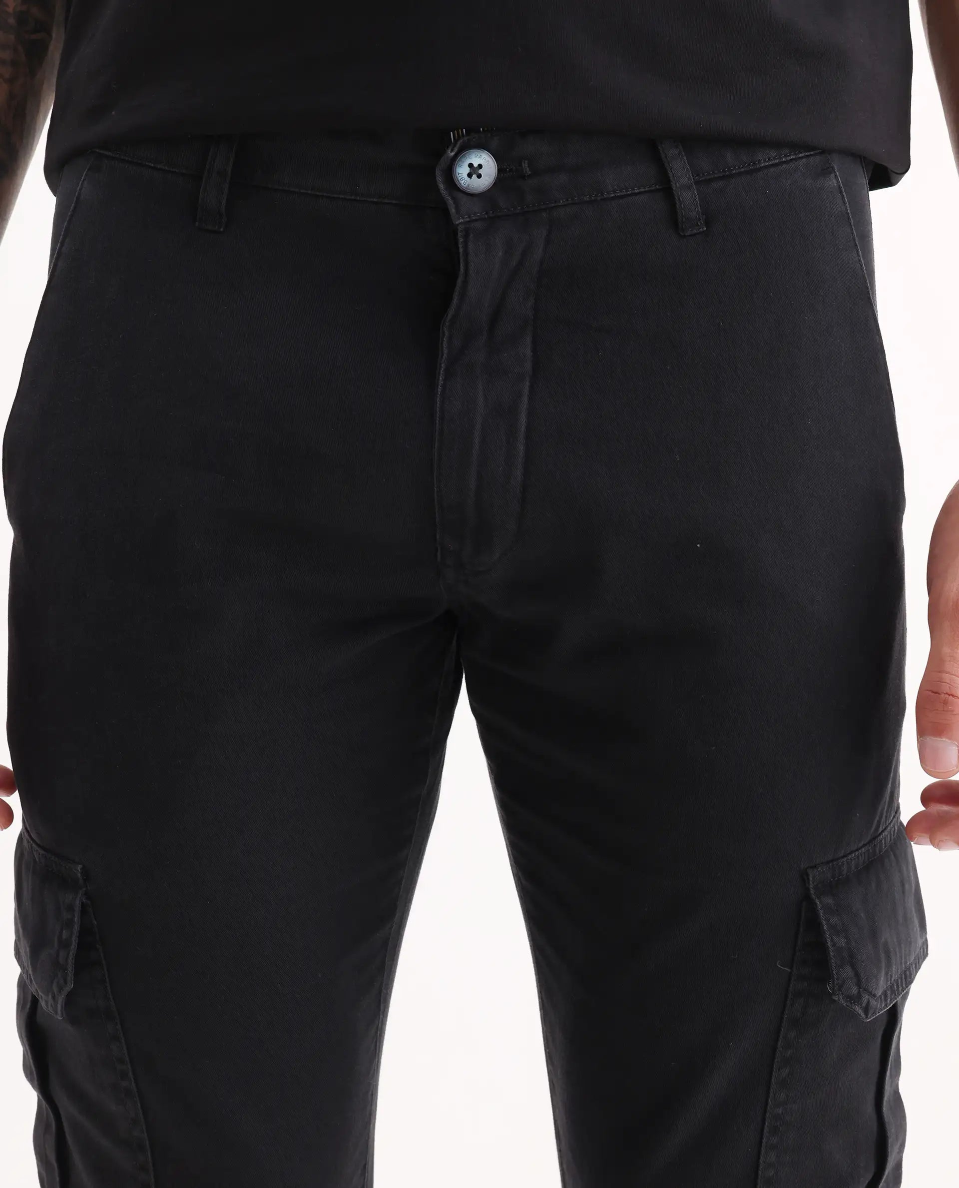 Rare Rabbit Men's Inbuil Black Cotton Plain Regular Fit Trouser