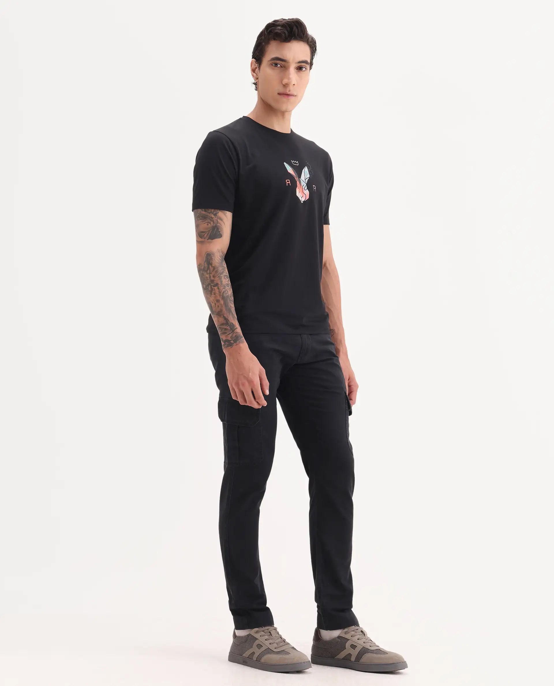 Rare Rabbit Men's Inbuil Black Cotton Plain Regular Fit Trouser