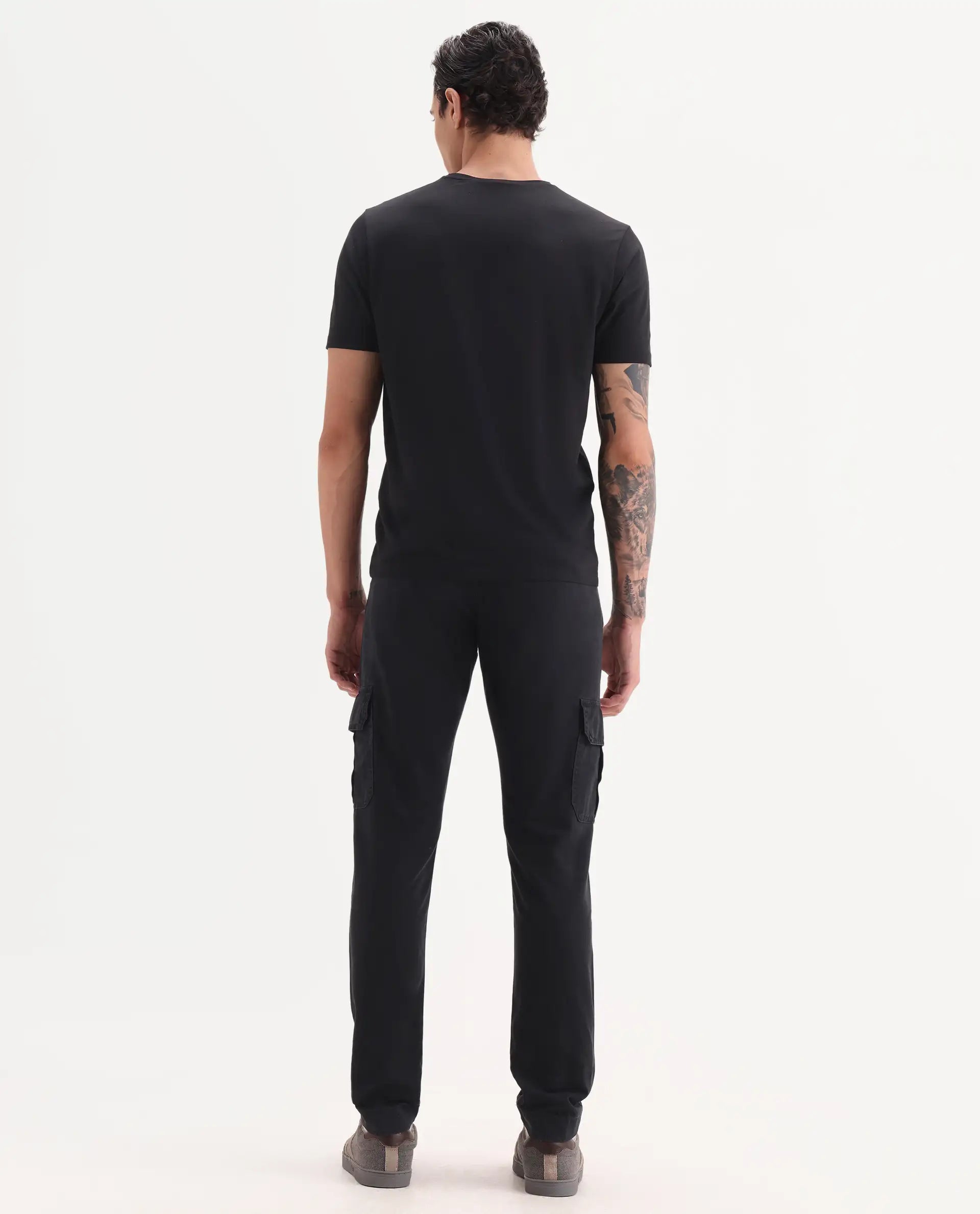 Rare Rabbit Men's Inbuil Black Cotton Plain Regular Fit Trouser