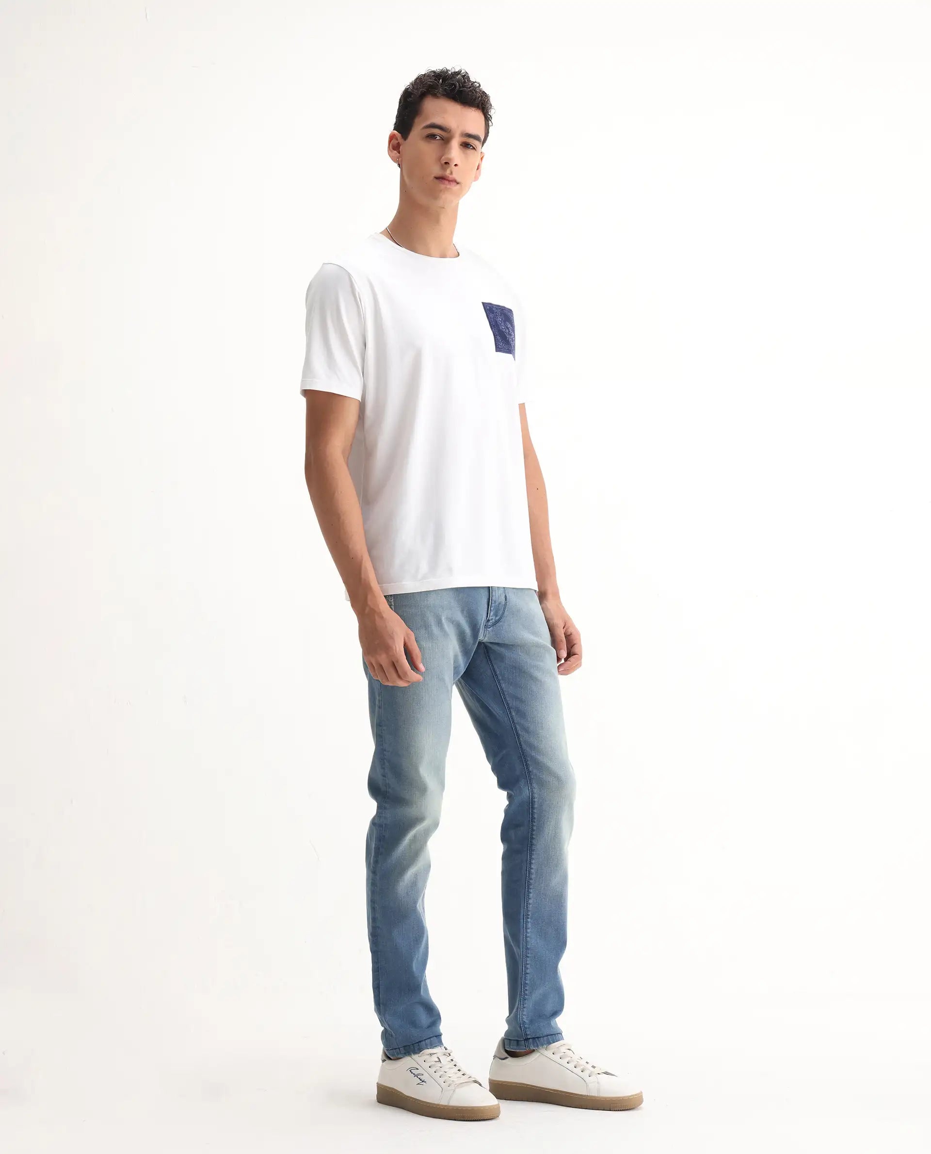 Rare Rabbit Men's Indus Blue Cotton Plain Hawk Slim Fit Jeans