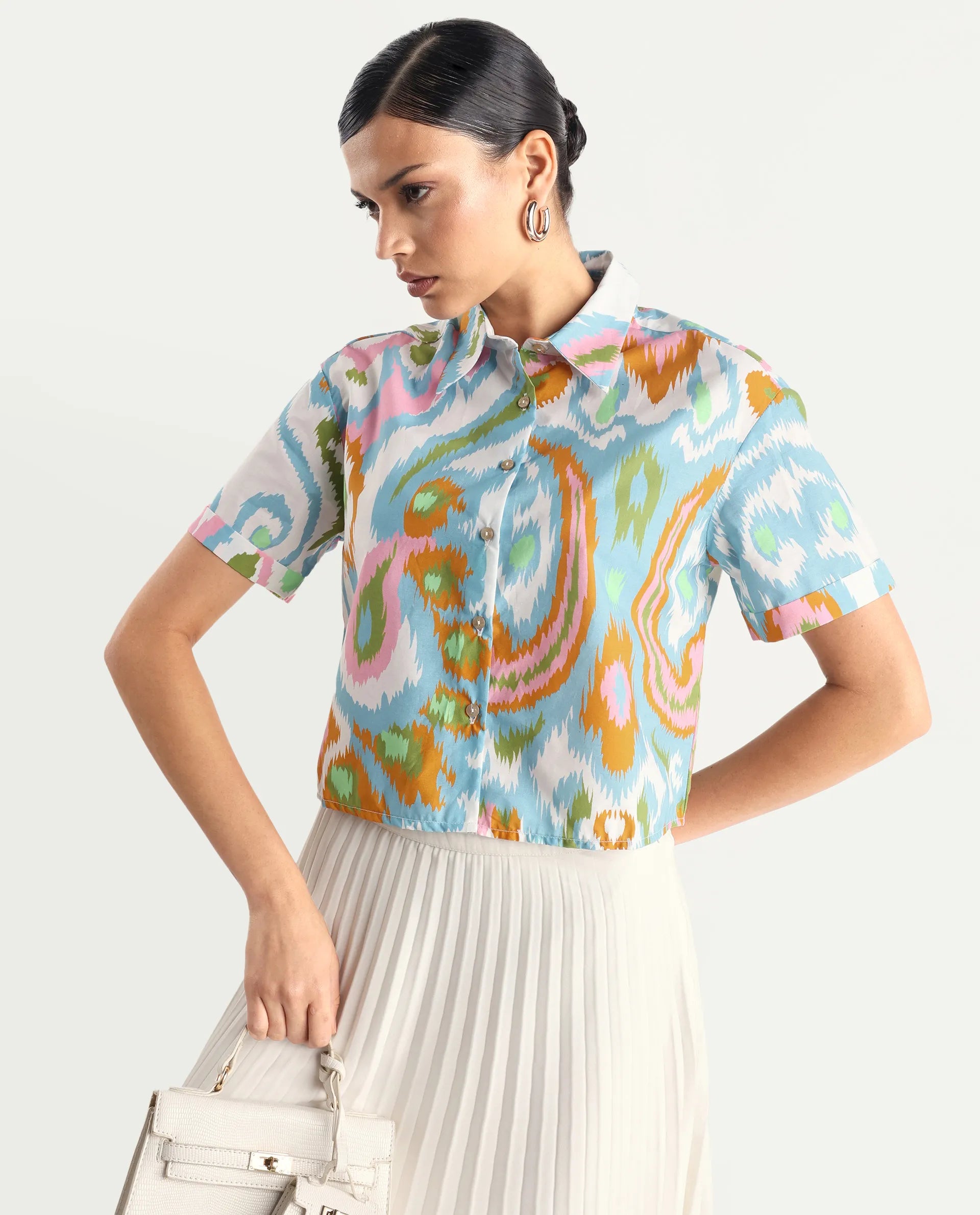 Rareism Women's Inkia Multi Poplin Drop Collar Abstract Print Crop Regular Fit Top