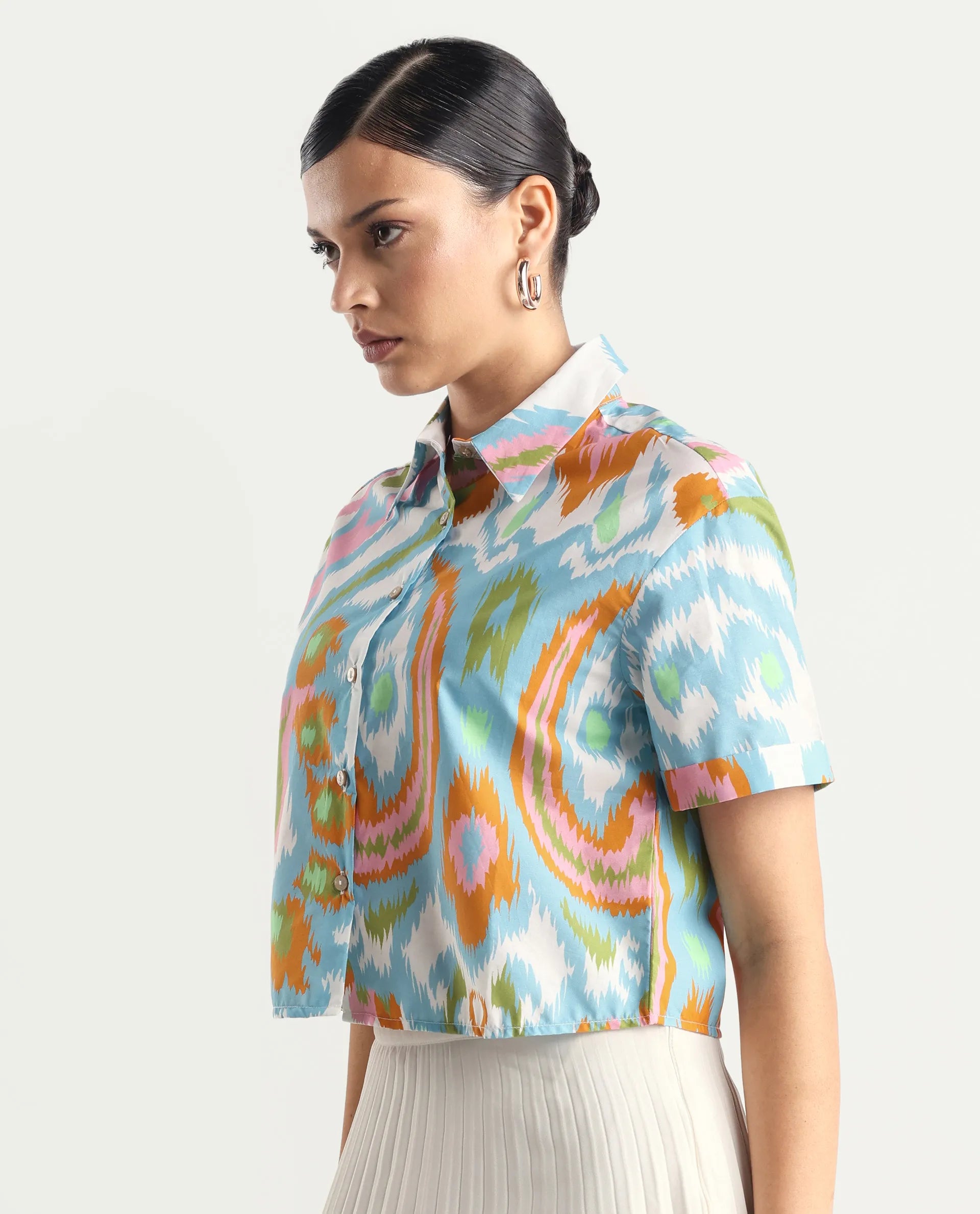 Rareism Women's Inkia Multi Poplin Drop Collar Abstract Print Crop Regular Fit Top
