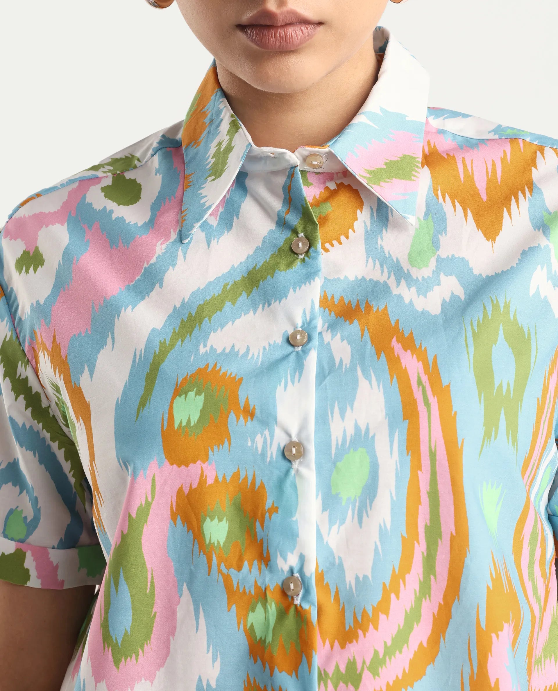 Rareism Women's Inkia Multi Poplin Drop Collar Abstract Print Crop Regular Fit Top