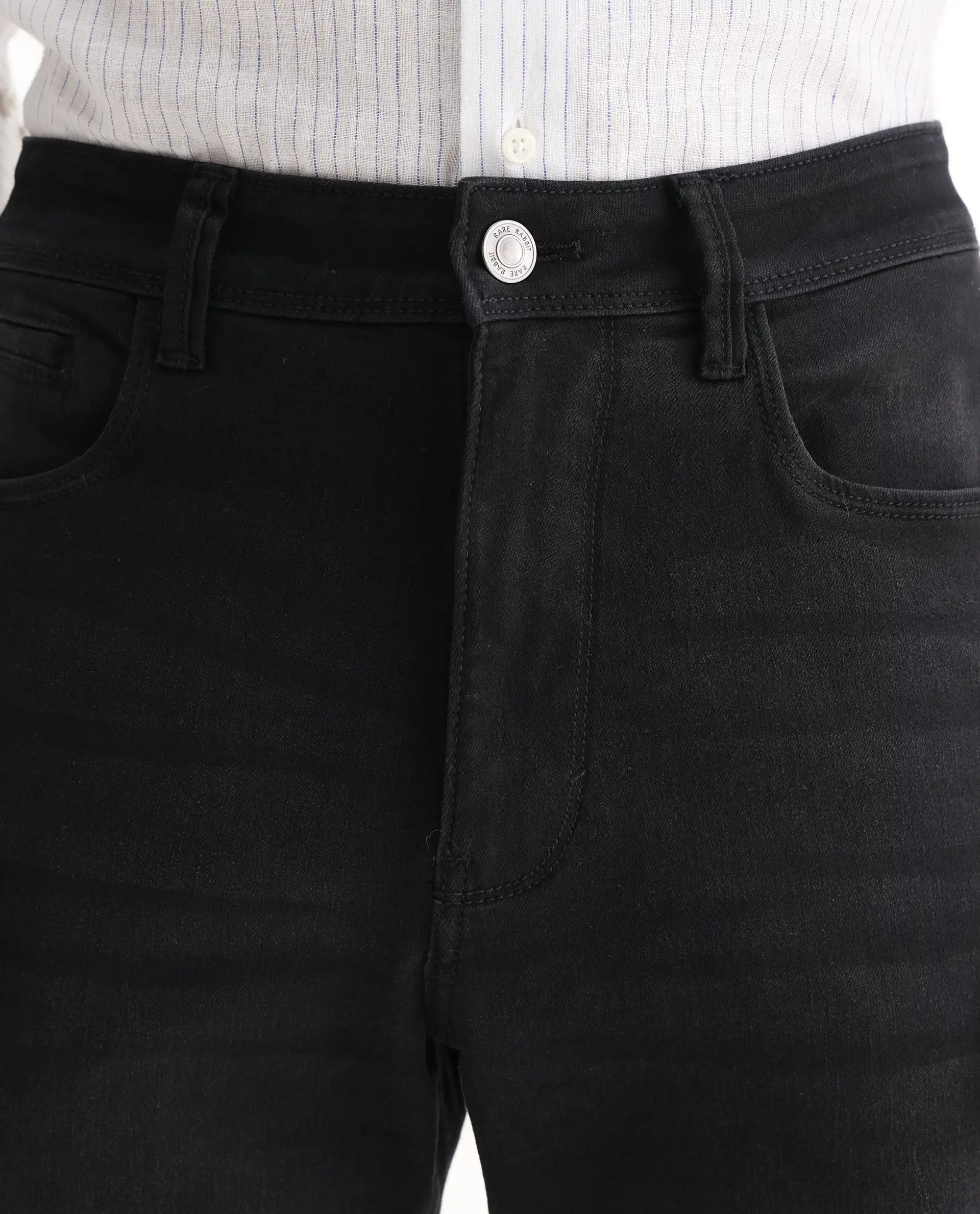 Rare Rabbit Men's Inky Black Cotton Blend Plain Morris Regular Fit Jeans