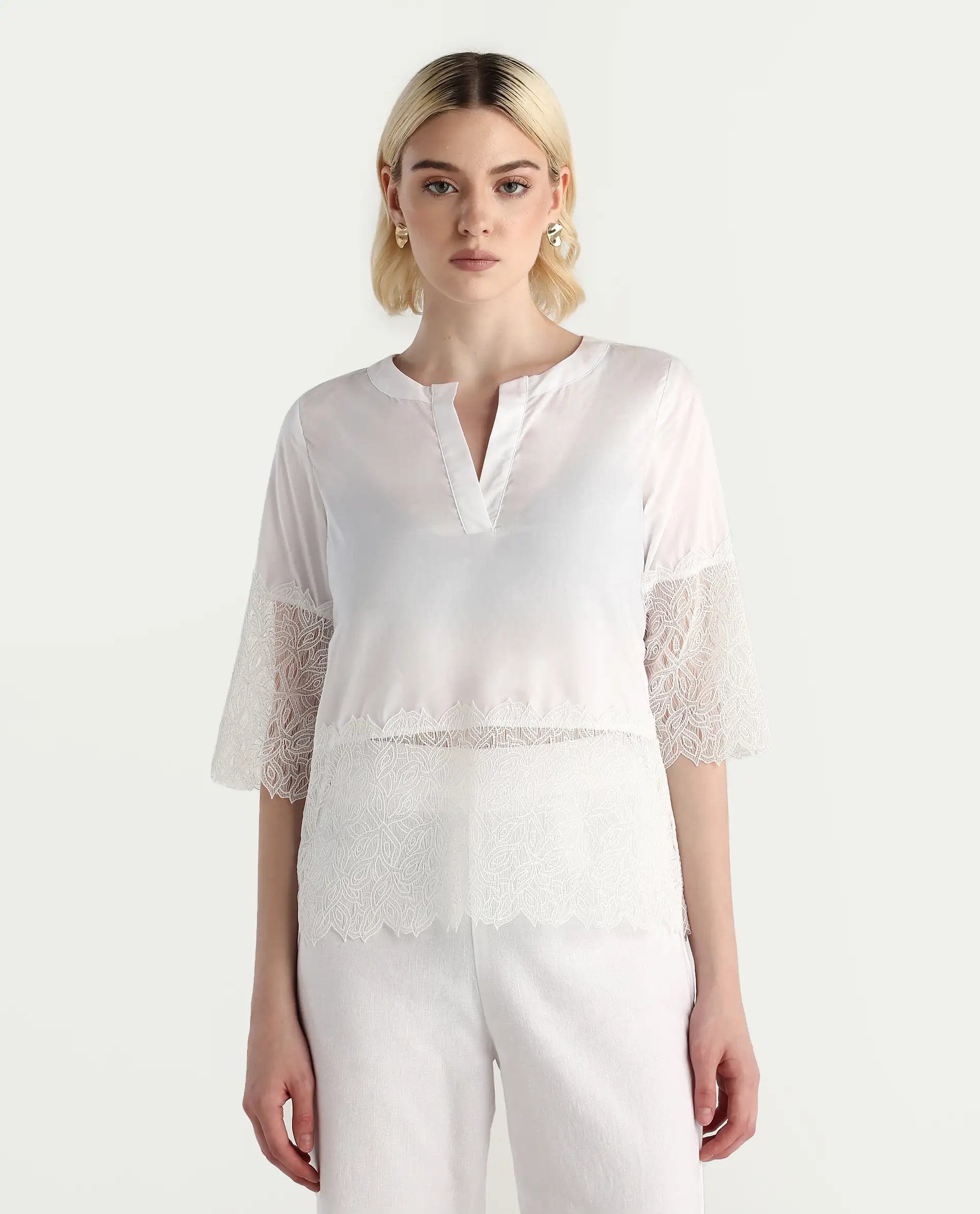 Rareism Women's Inna White Cotton Crew Neck Plain Regular Fit Top