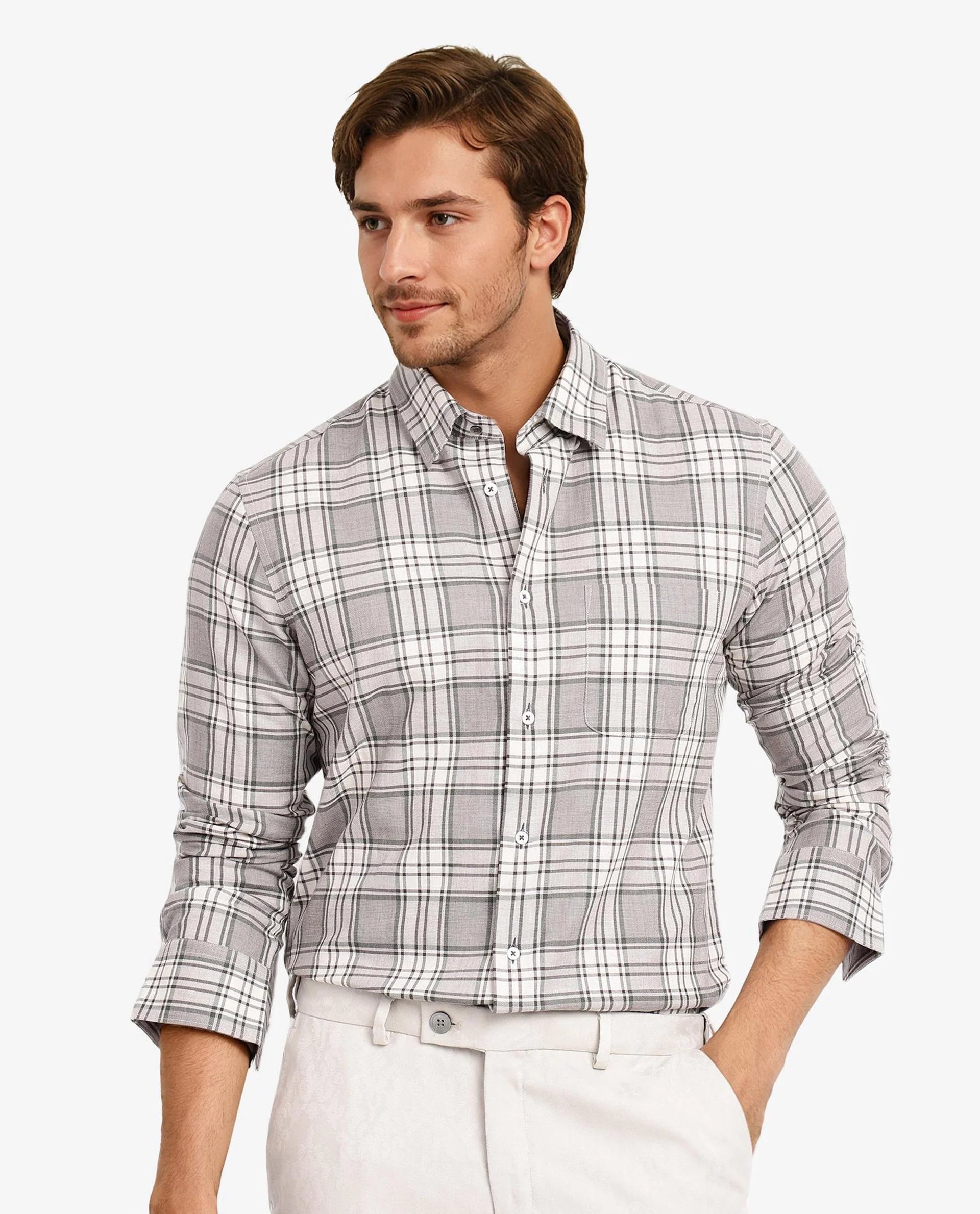 Rare Rabbit Men Iris Beige Full Sleeve Collared Button Closure Regular Fit Checks Shirt