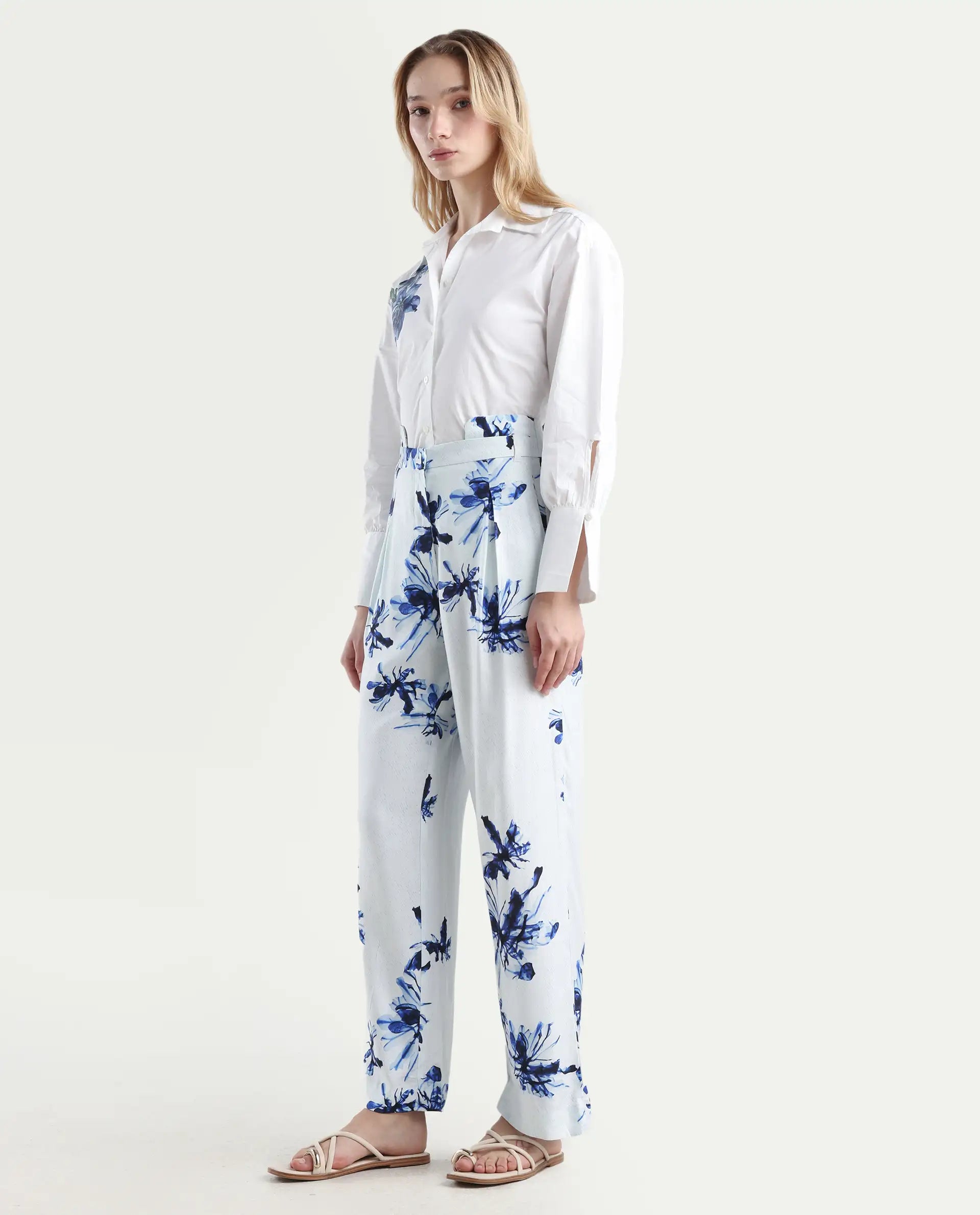 Rareism Women's Irish White Polyester Blend Floral Print Ankle Length Regular Fit Trouser