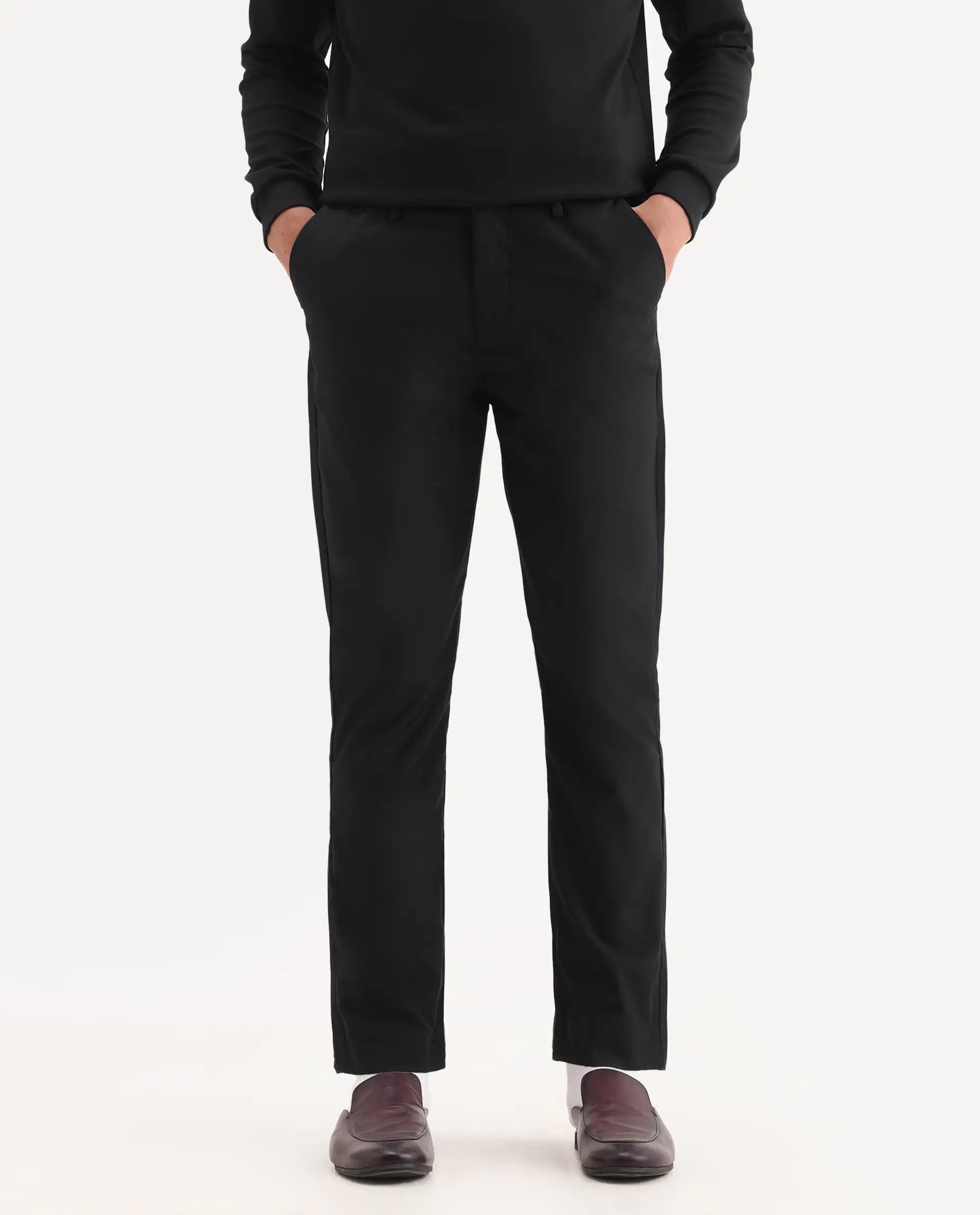 Rare Rabbit Men's Ital Black Cotton Blend Plain Regular Fit Trouser