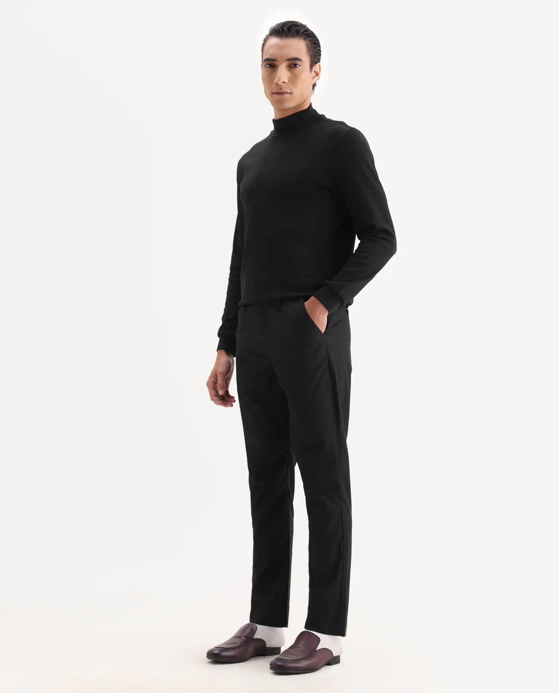 Rare Rabbit Men's Ital Black Cotton Blend Plain Regular Fit Trouser