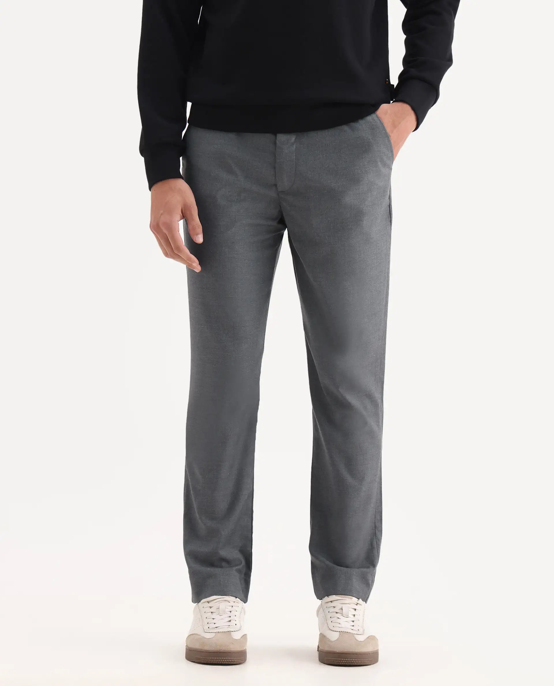 Rare Rabbit Men's Ital Grey Cotton Blend Plain Regular Fit Trouser