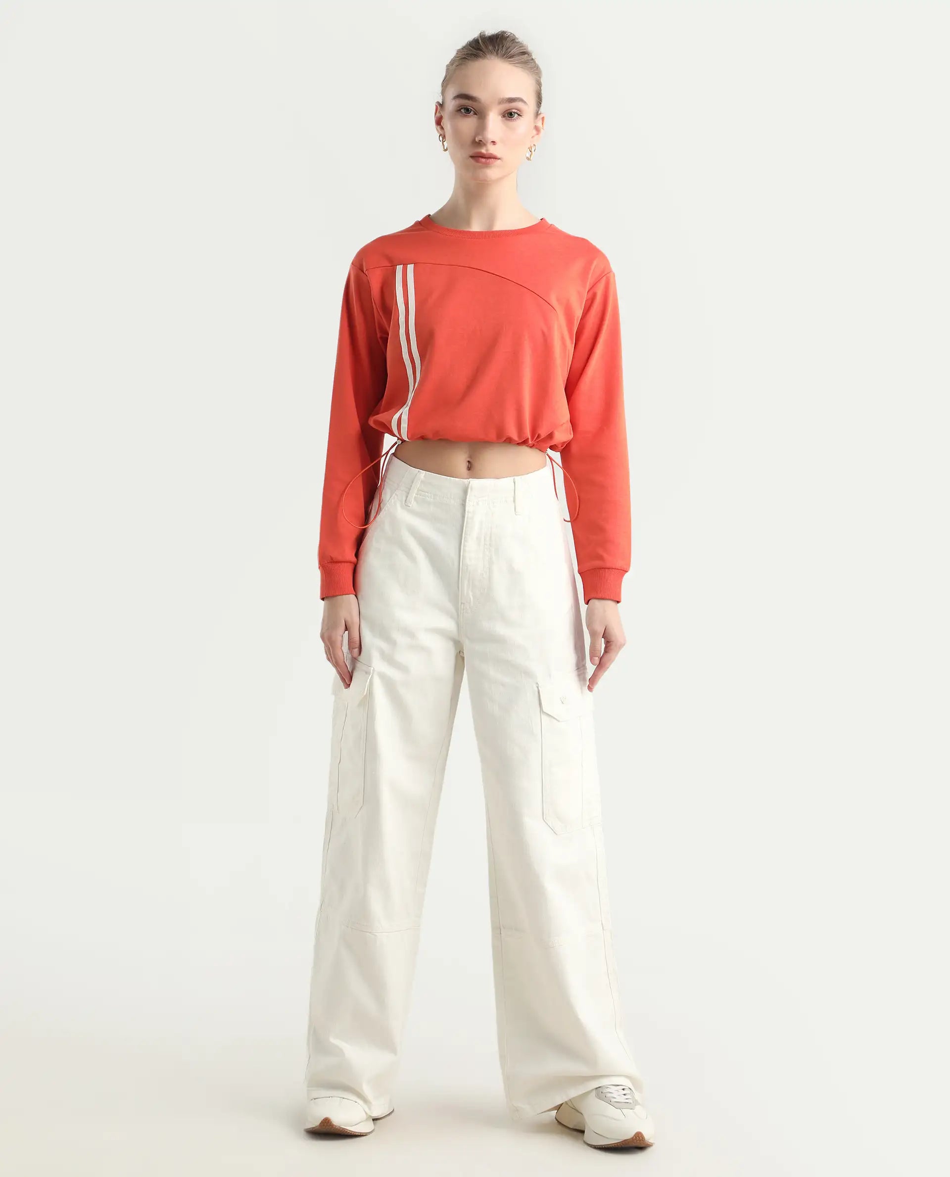 Rareism Women's Itsiz Off White Cotton Plain Ankle Length Wide Leg Trouser