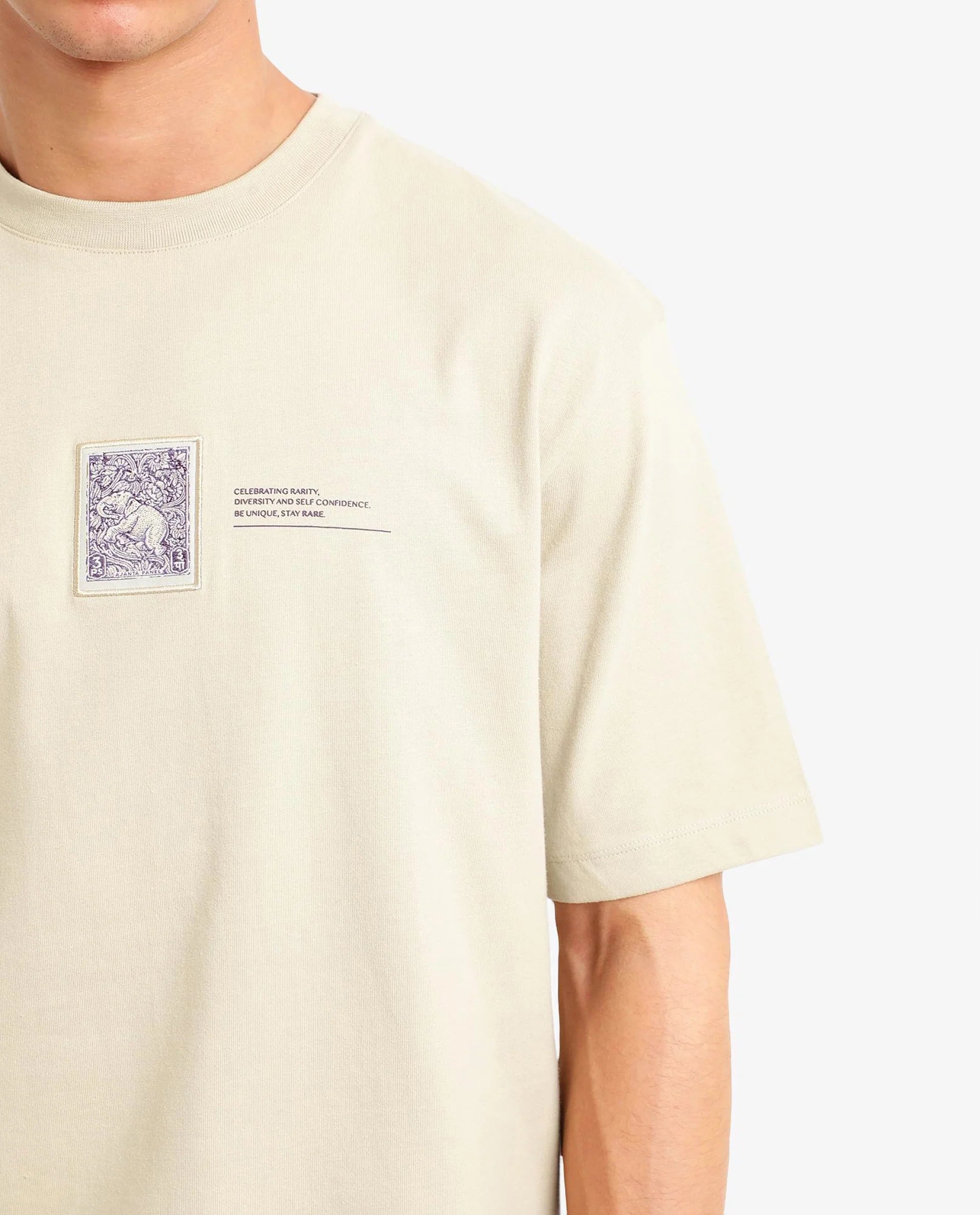 Rare Rabbit Men Iylo Beige Cotton Fabric Short Sleeve Crew Neck Oversized Fit Graphic Print T-Shirt