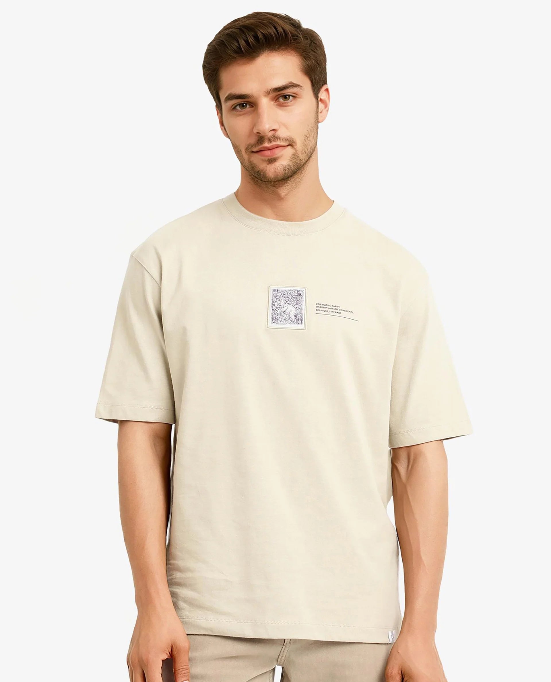 Rare Rabbit Men Iylo Beige Cotton Fabric Short Sleeve Crew Neck Oversized Fit Graphic Print T-Shirt