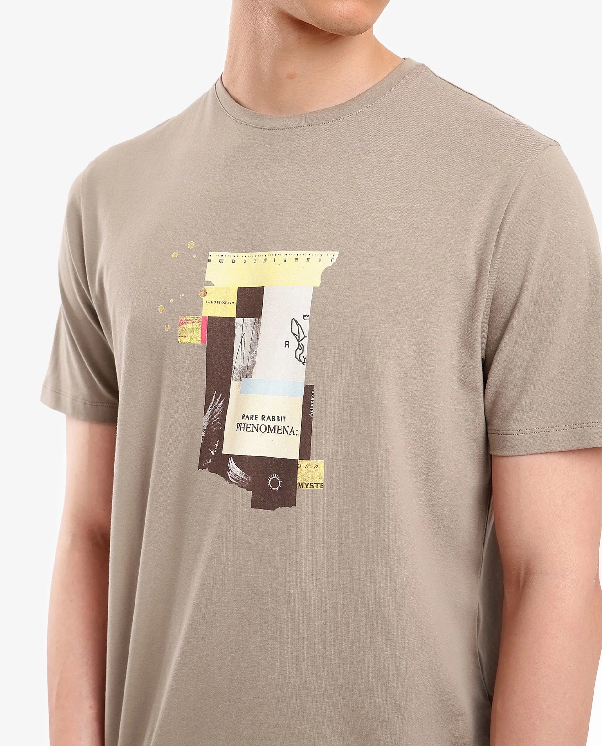 Rare Rabbit Men Jaceb Dusky Green Cotton Lycra Fabric Short Sleeve Crew Neck Regular Fit Graphic Print T-Shirt