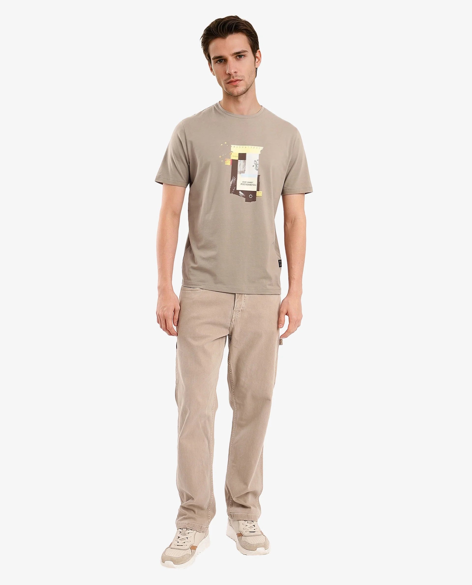 Rare Rabbit Men Jaceb Dusky Green Cotton Lycra Fabric Short Sleeve Crew Neck Regular Fit Graphic Print T-Shirt