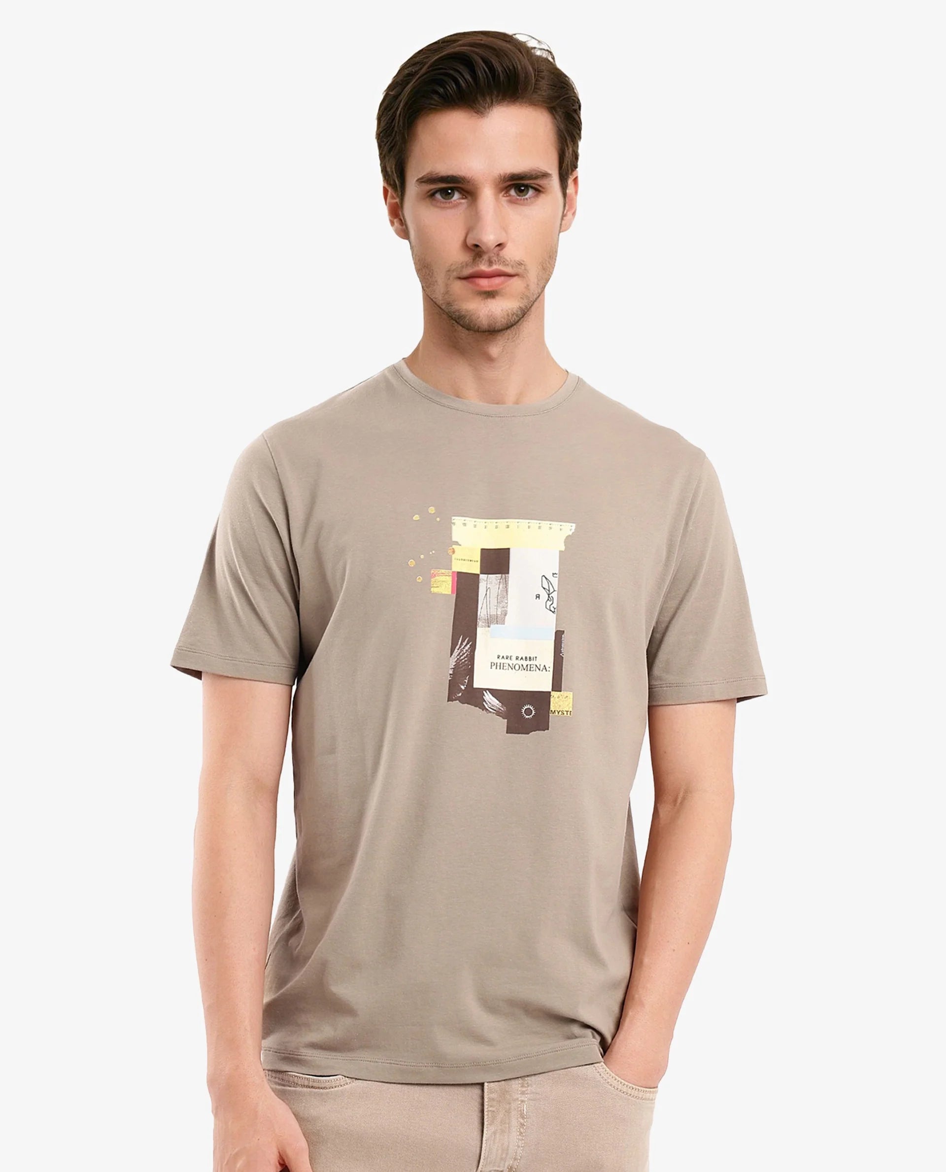 Rare Rabbit Men Jaceb Dusky Green Cotton Lycra Fabric Short Sleeve Crew Neck Regular Fit Graphic Print T-Shirt