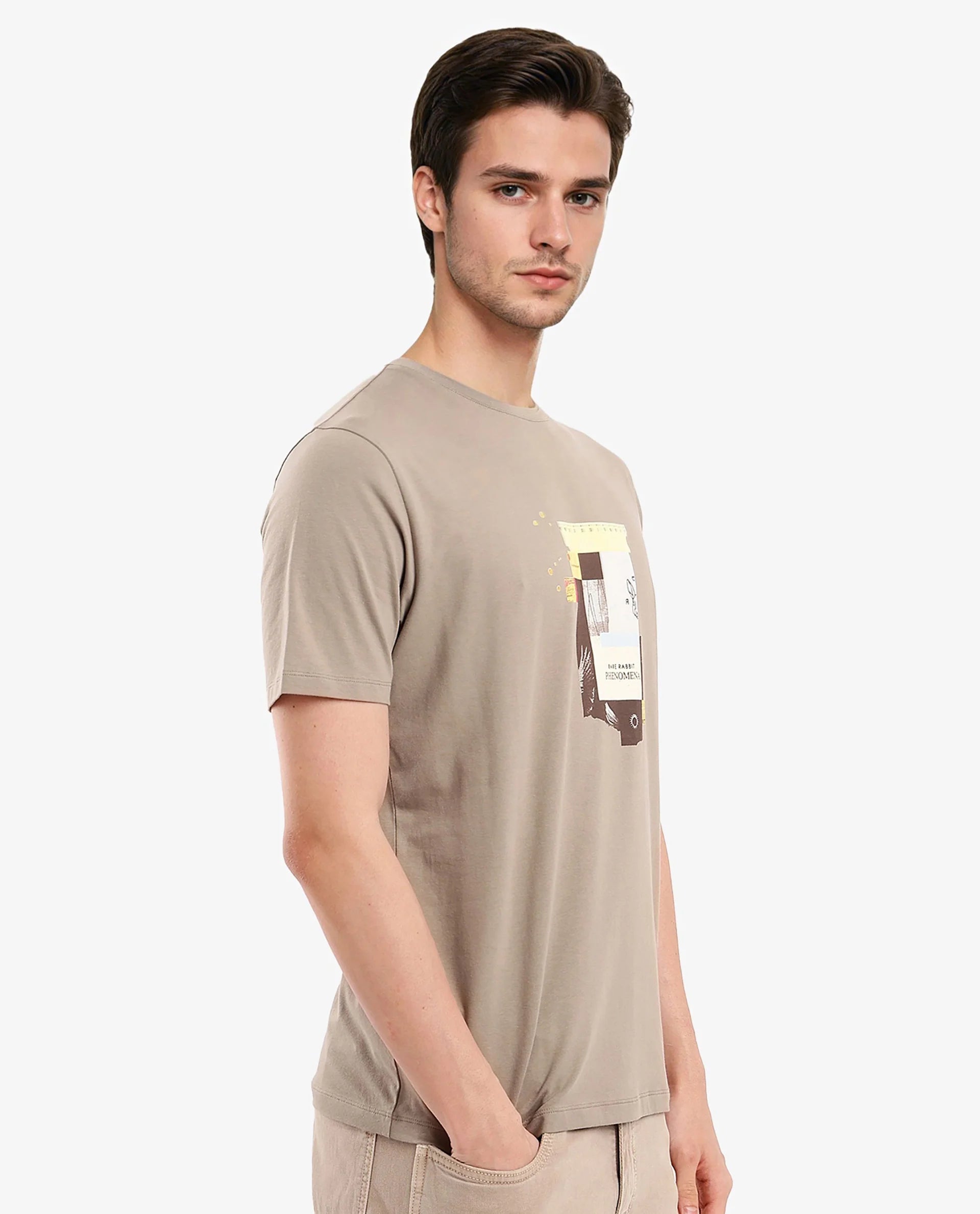 Rare Rabbit Men Jaceb Dusky Green Cotton Lycra Fabric Short Sleeve Crew Neck Regular Fit Graphic Print T-Shirt