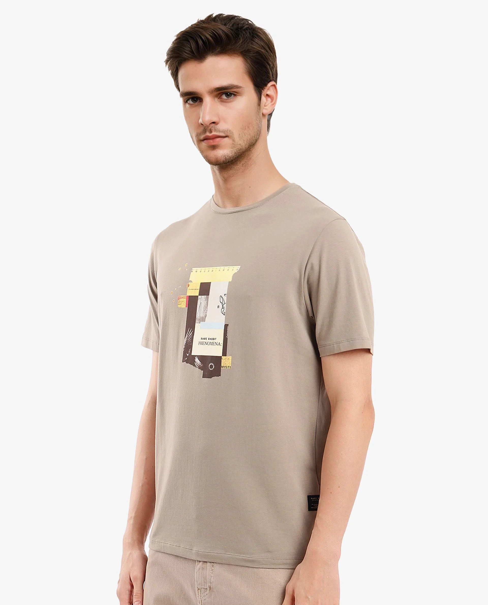 Rare Rabbit Men Jaceb Dusky Green Cotton Lycra Fabric Short Sleeve Crew Neck Regular Fit Graphic Print T-Shirt