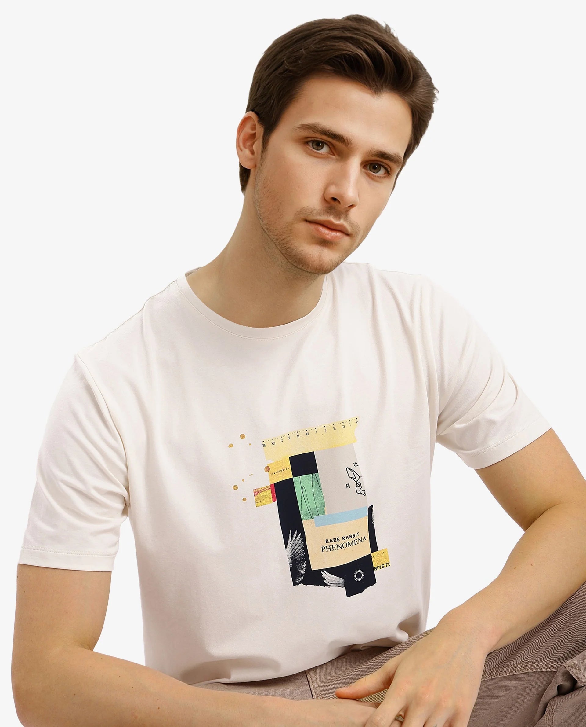 Rare Rabbit Men Jaceb Off White Cotton Lycra Fabric Short Sleeve Crew Neck Regular Fit Graphic Print T-Shirt