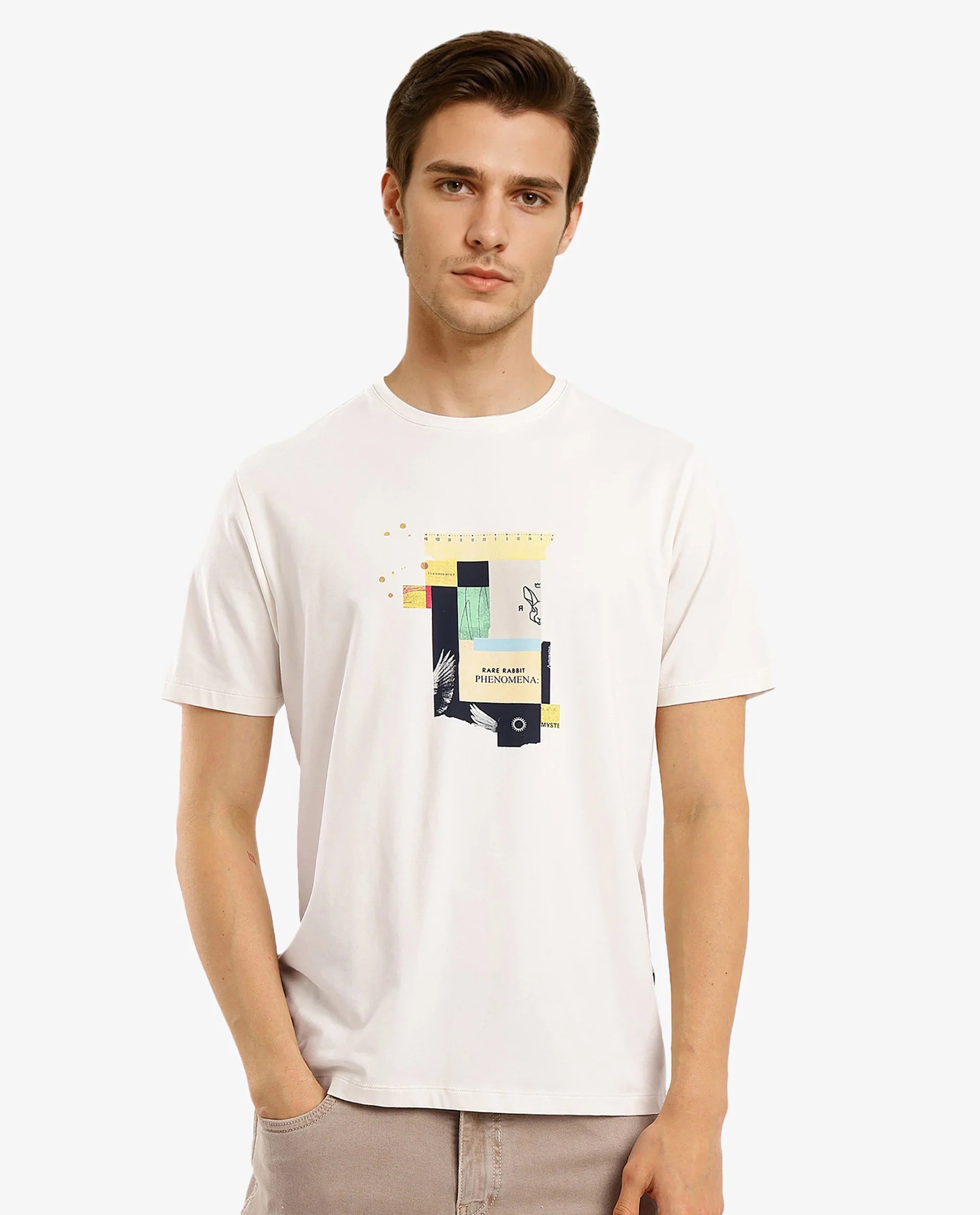 Rare Rabbit Men Jaceb Off White Cotton Lycra Fabric Short Sleeve Crew Neck Regular Fit Graphic Print T-Shirt