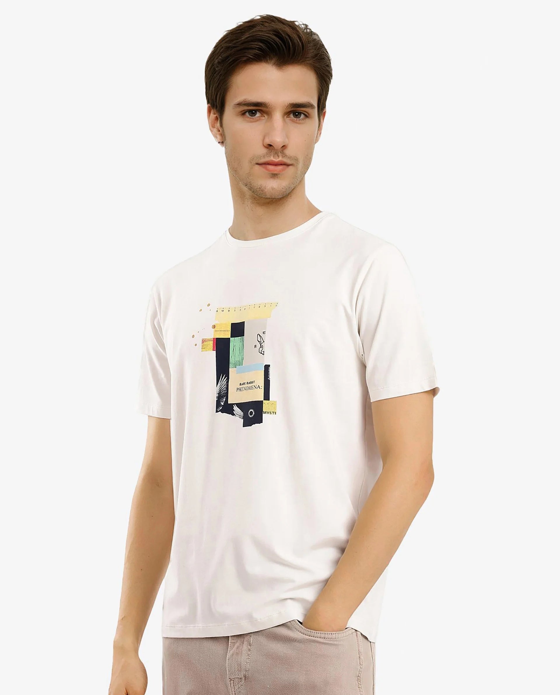 Rare Rabbit Men Jaceb Off White Cotton Lycra Fabric Short Sleeve Crew Neck Regular Fit Graphic Print T-Shirt