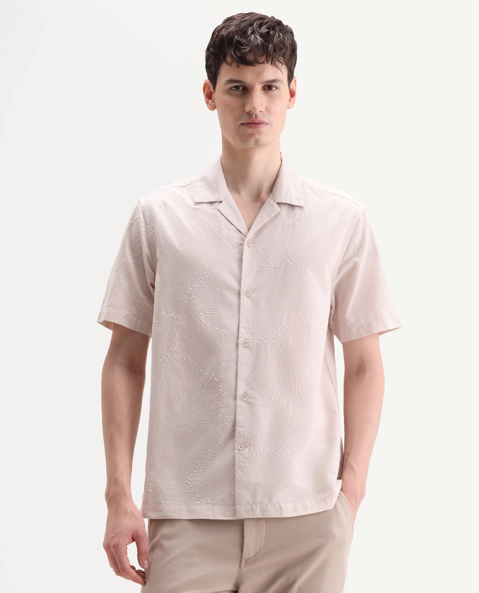 Rare Rabbit Men's Jaff-26 Beige Cotton Fabric Half Sleeve Cuban Collar Button Relaxed Fit Embroidered Shirt
