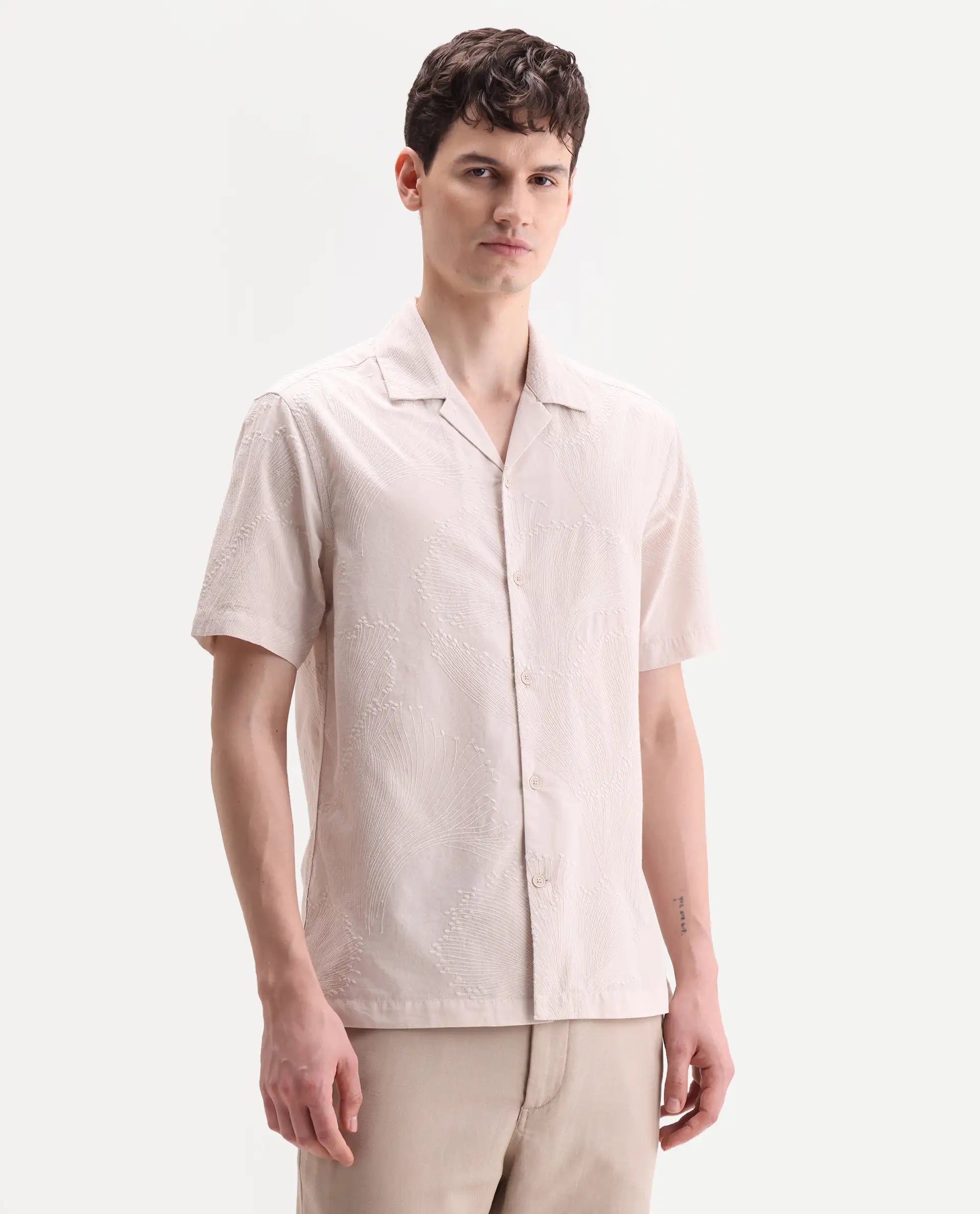 Rare Rabbit Men's Jaff-26 Beige Cotton Fabric Half Sleeve Cuban Collar Button Relaxed Fit Embroidered Shirt