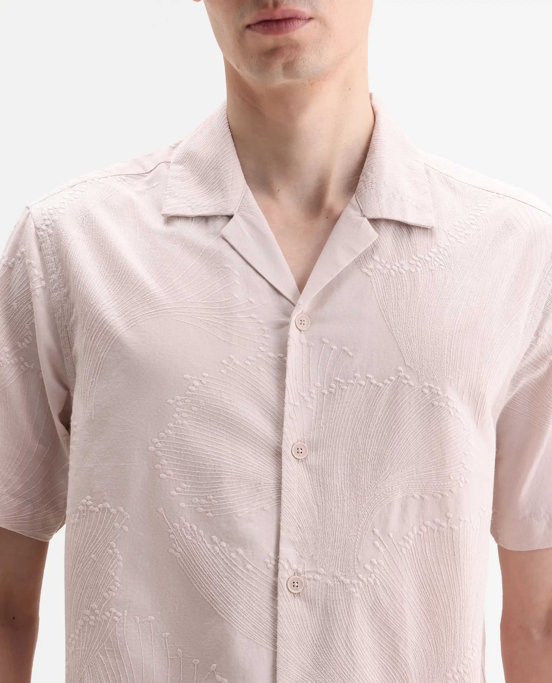 Rare Rabbit Men's Jaff-26 Beige Cotton Fabric Half Sleeve Cuban Collar Button Relaxed Fit Embroidered Shirt