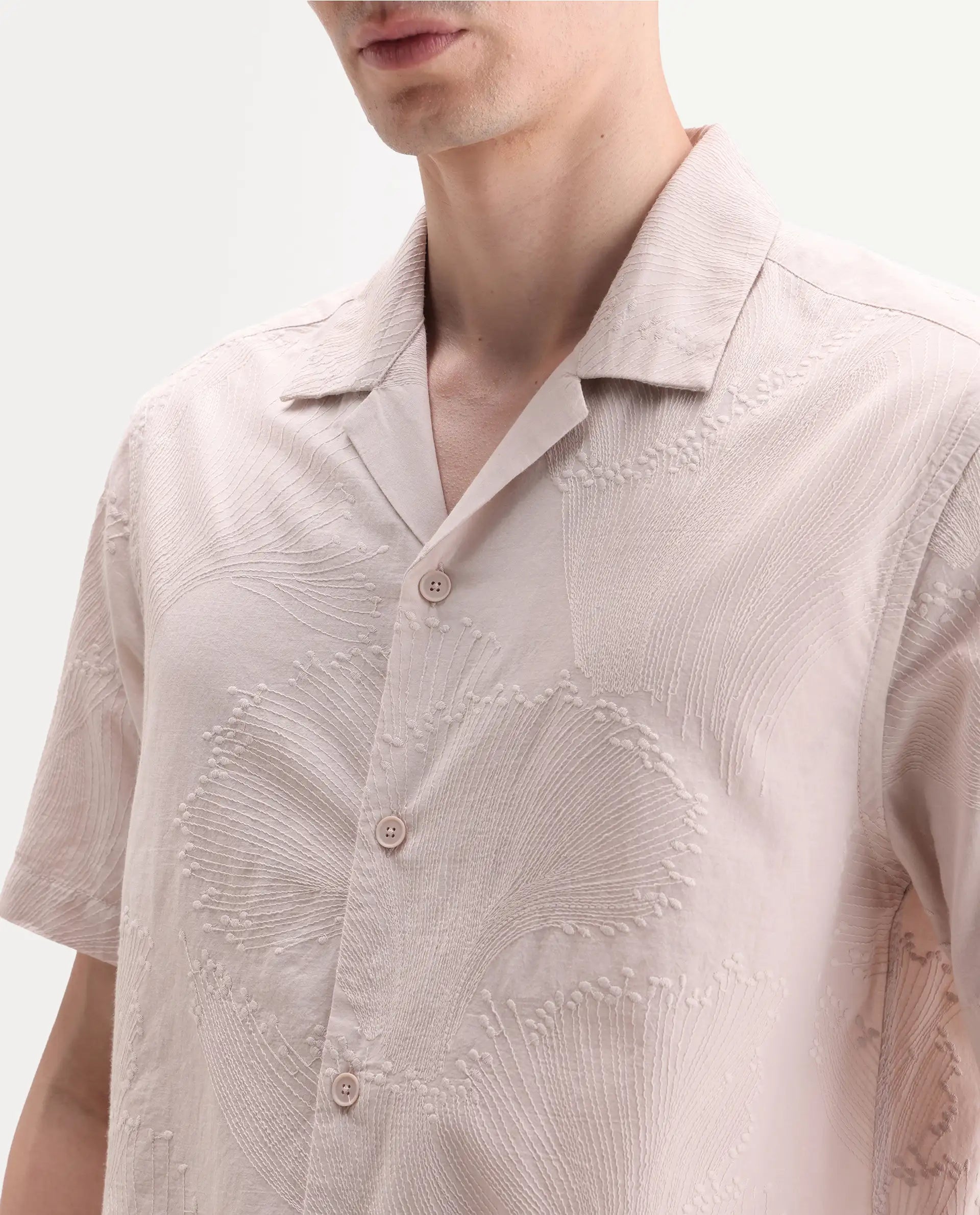 Rare Rabbit Men's Jaff-26 Beige Cotton Fabric Half Sleeve Cuban Collar Button Relaxed Fit Embroidered Shirt