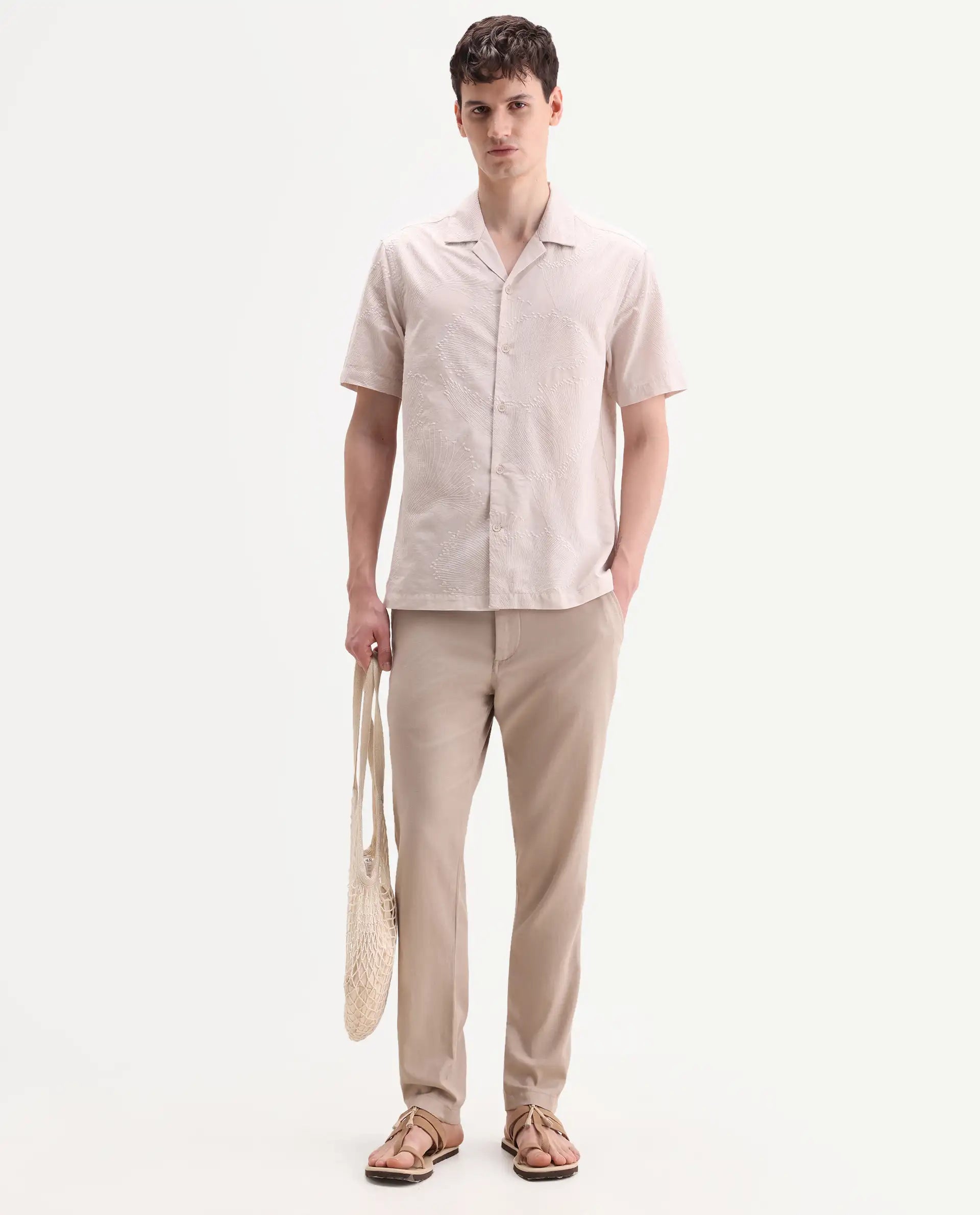 Rare Rabbit Men's Jaff-26 Beige Cotton Fabric Half Sleeve Cuban Collar Button Relaxed Fit Embroidered Shirt