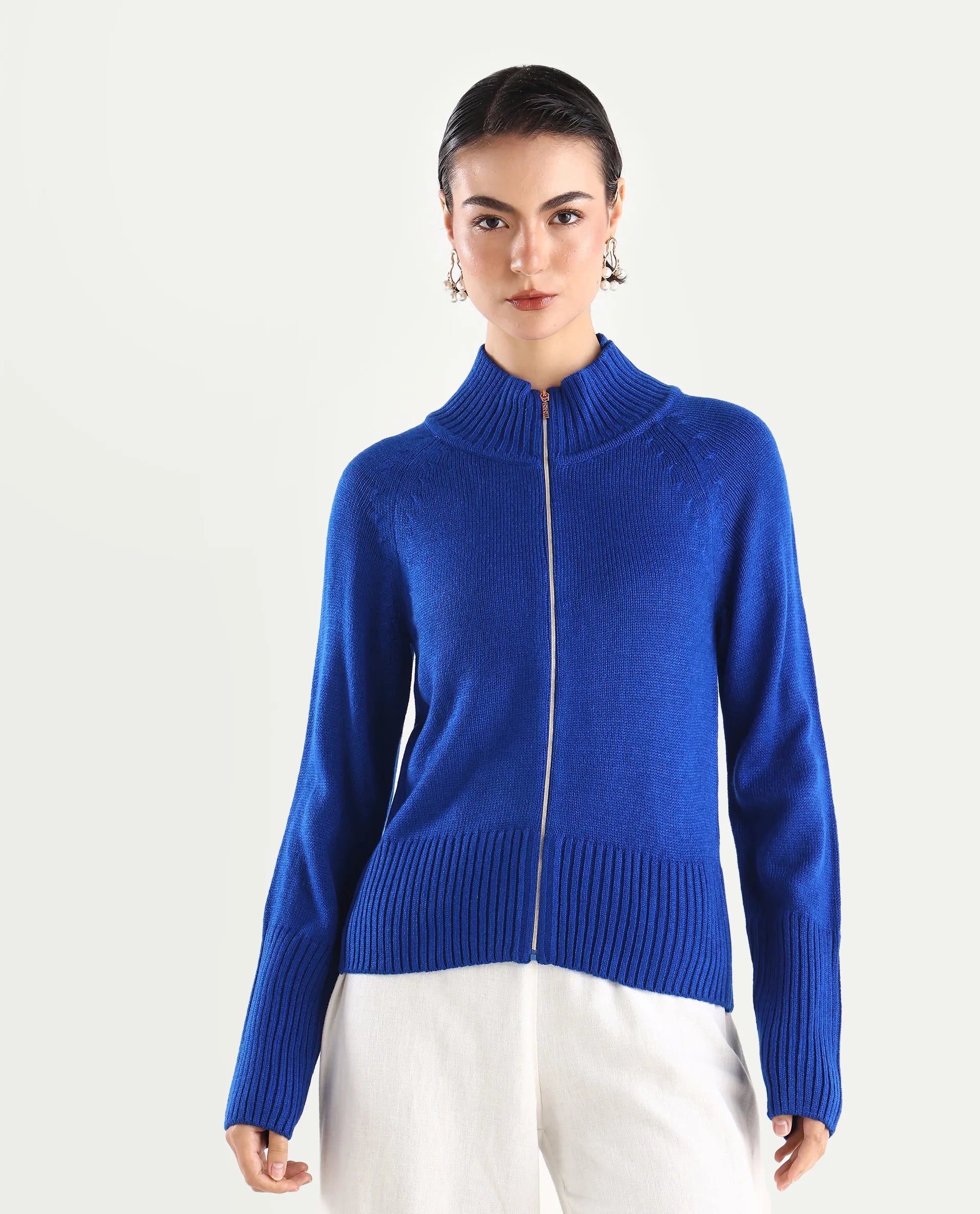 Rareism Women's Jagger Blue Acrylic High Neck Plain Raglan Sleeve Relaxed Fit Sweater