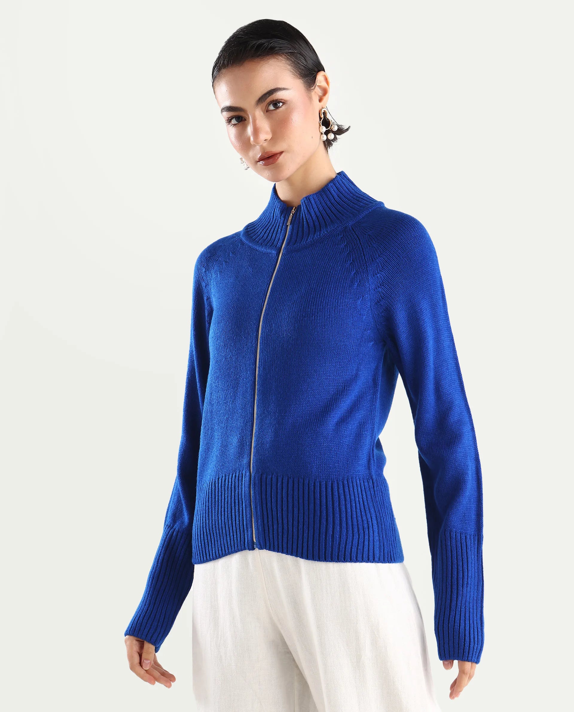 Rareism Women's Jagger Blue Acrylic High Neck Plain Raglan Sleeve Relaxed Fit Sweater