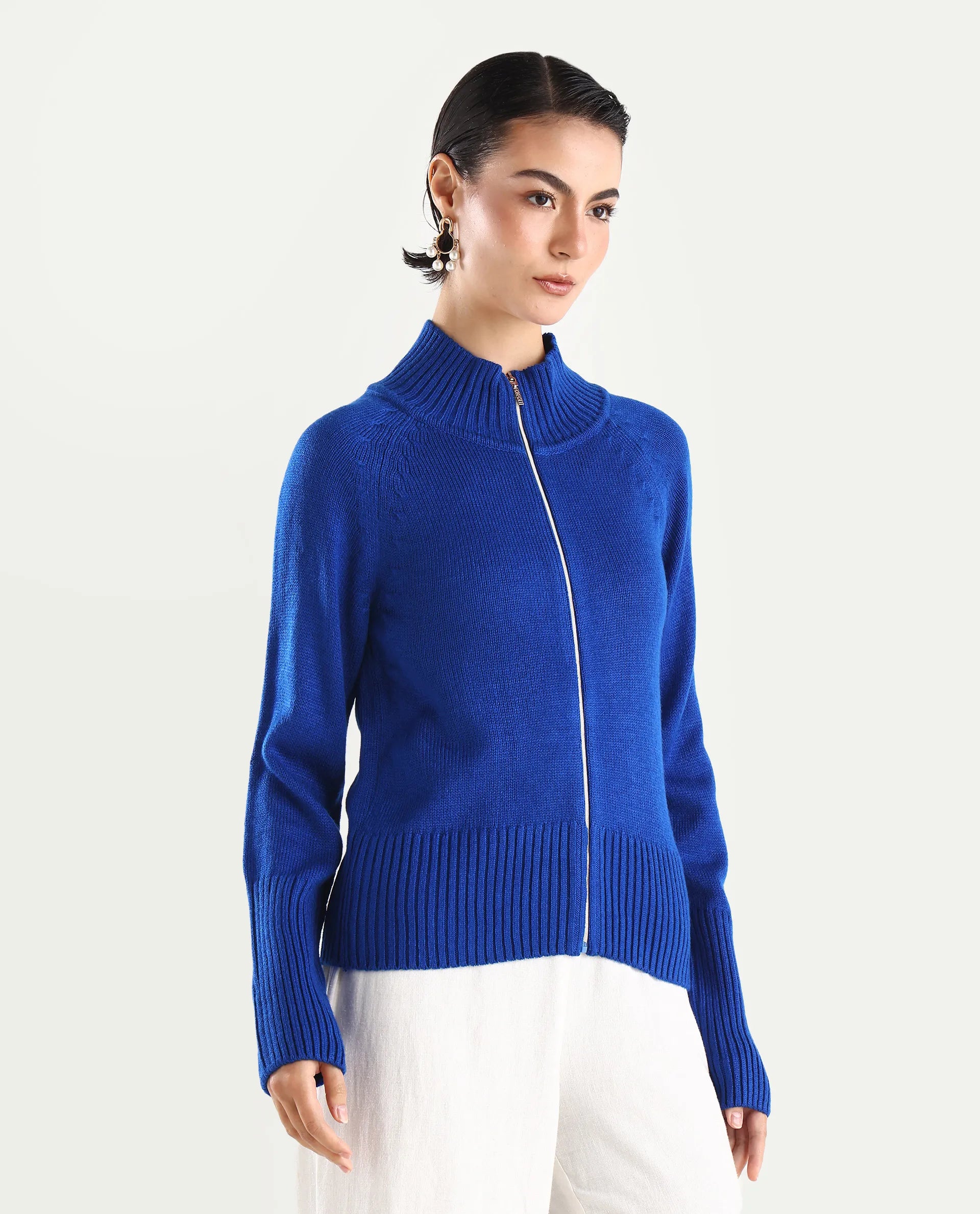 Rareism Women's Jagger Blue Acrylic High Neck Plain Raglan Sleeve Relaxed Fit Sweater
