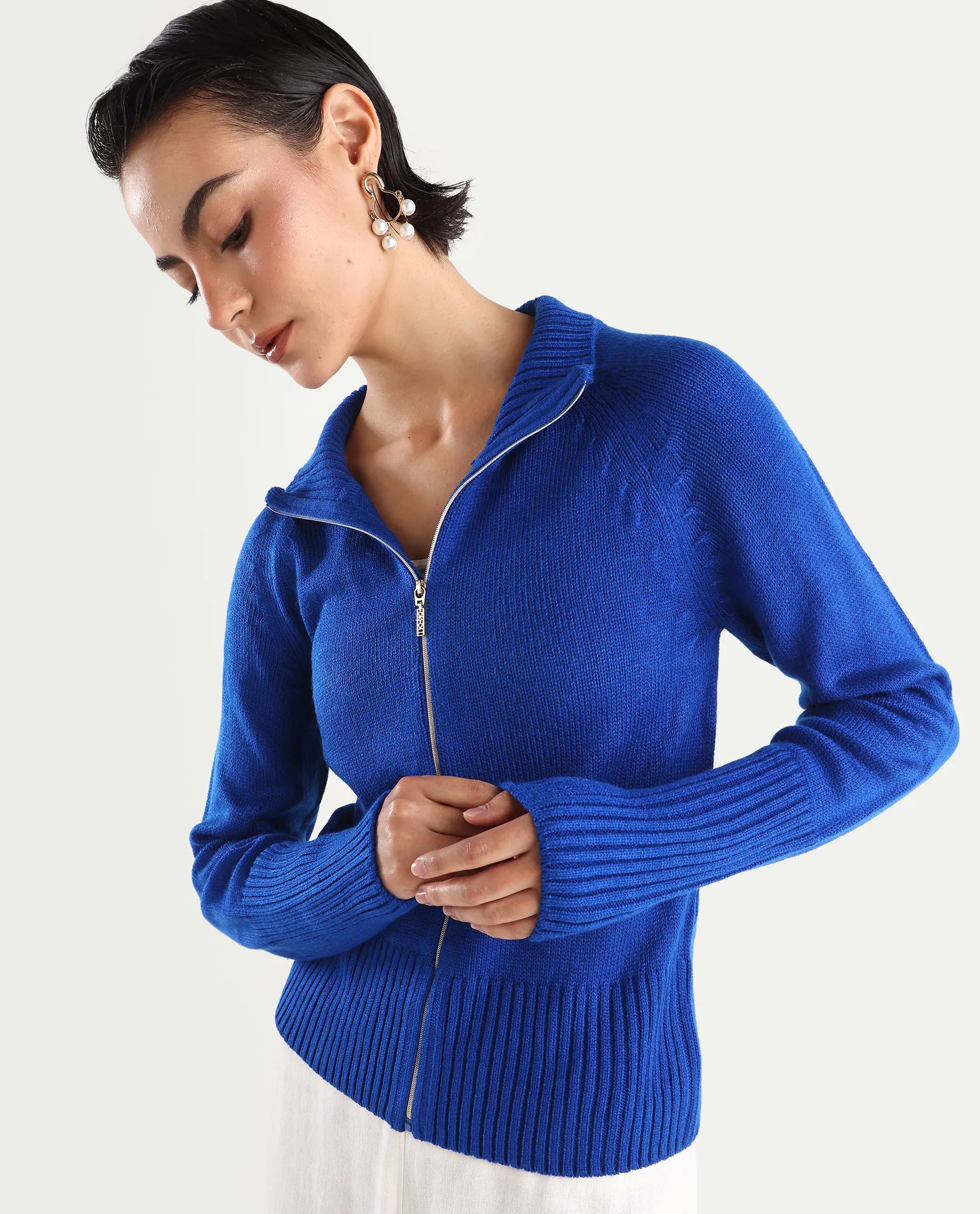 Rareism Women's Jagger Blue Acrylic High Neck Plain Raglan Sleeve Relaxed Fit Sweater