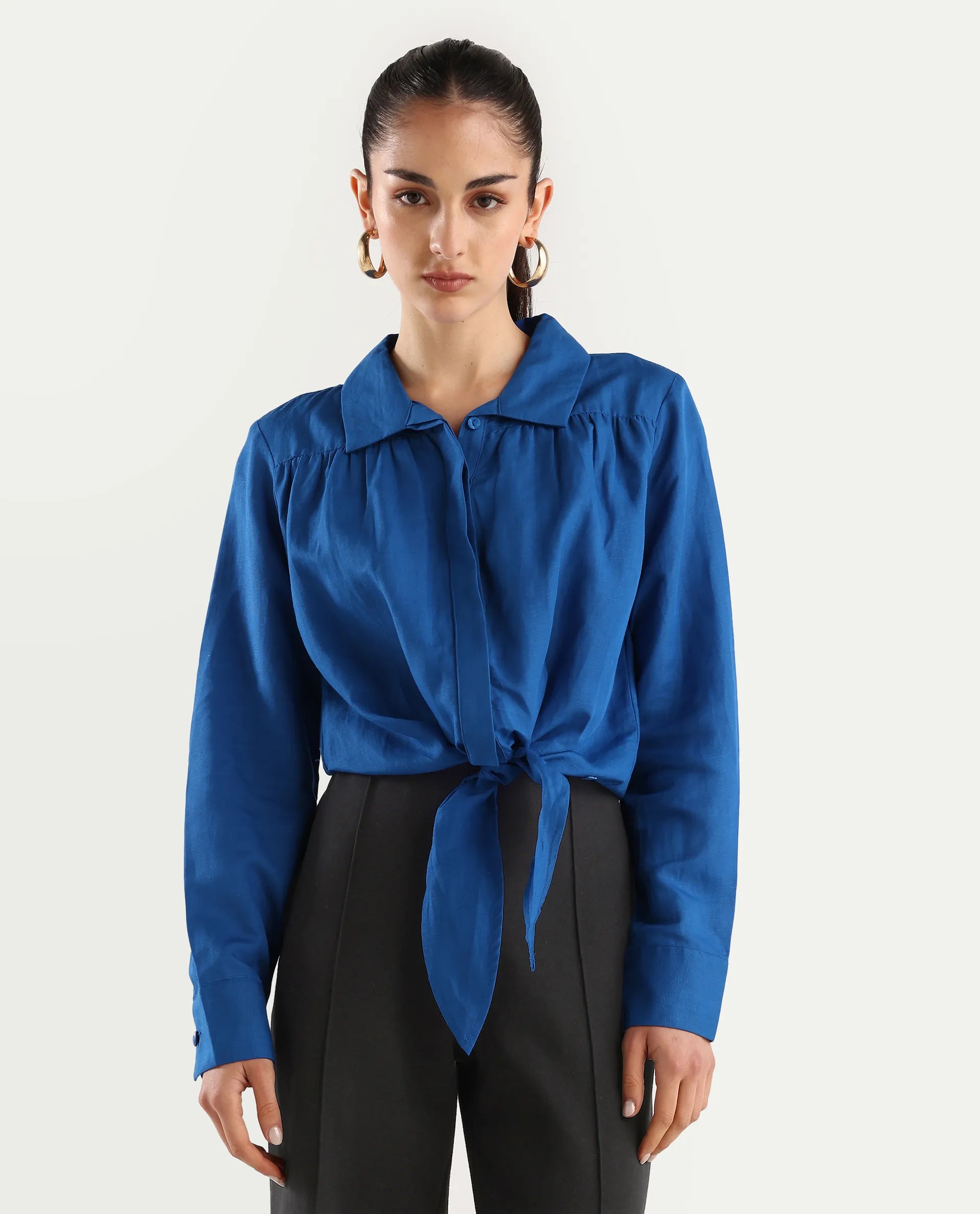 Rareism Women's Janima Blue Modal Blend Spread Collar Plain Cuffed Sleeve Crop Regular Fit Shirt