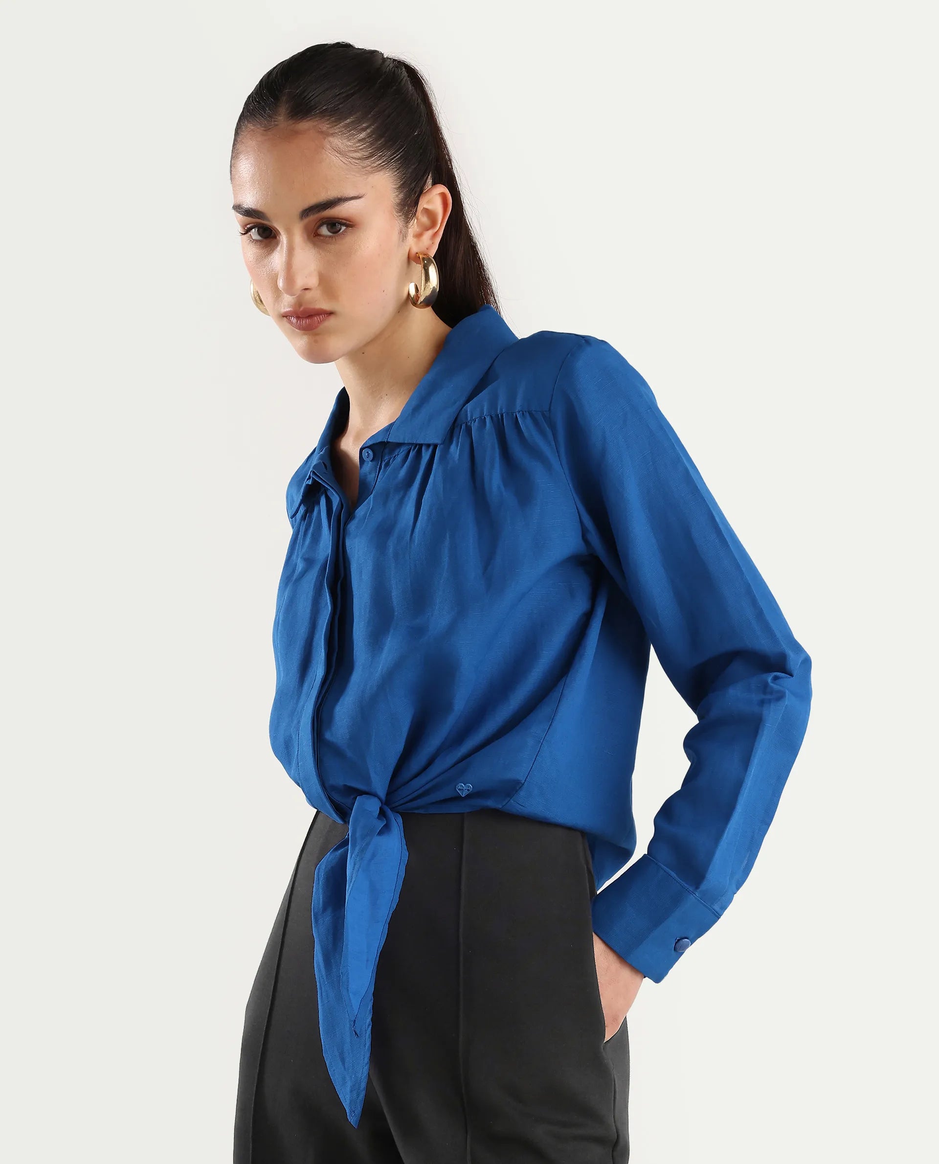 Rareism Women's Janima Blue Modal Blend Spread Collar Plain Cuffed Sleeve Crop Regular Fit Shirt
