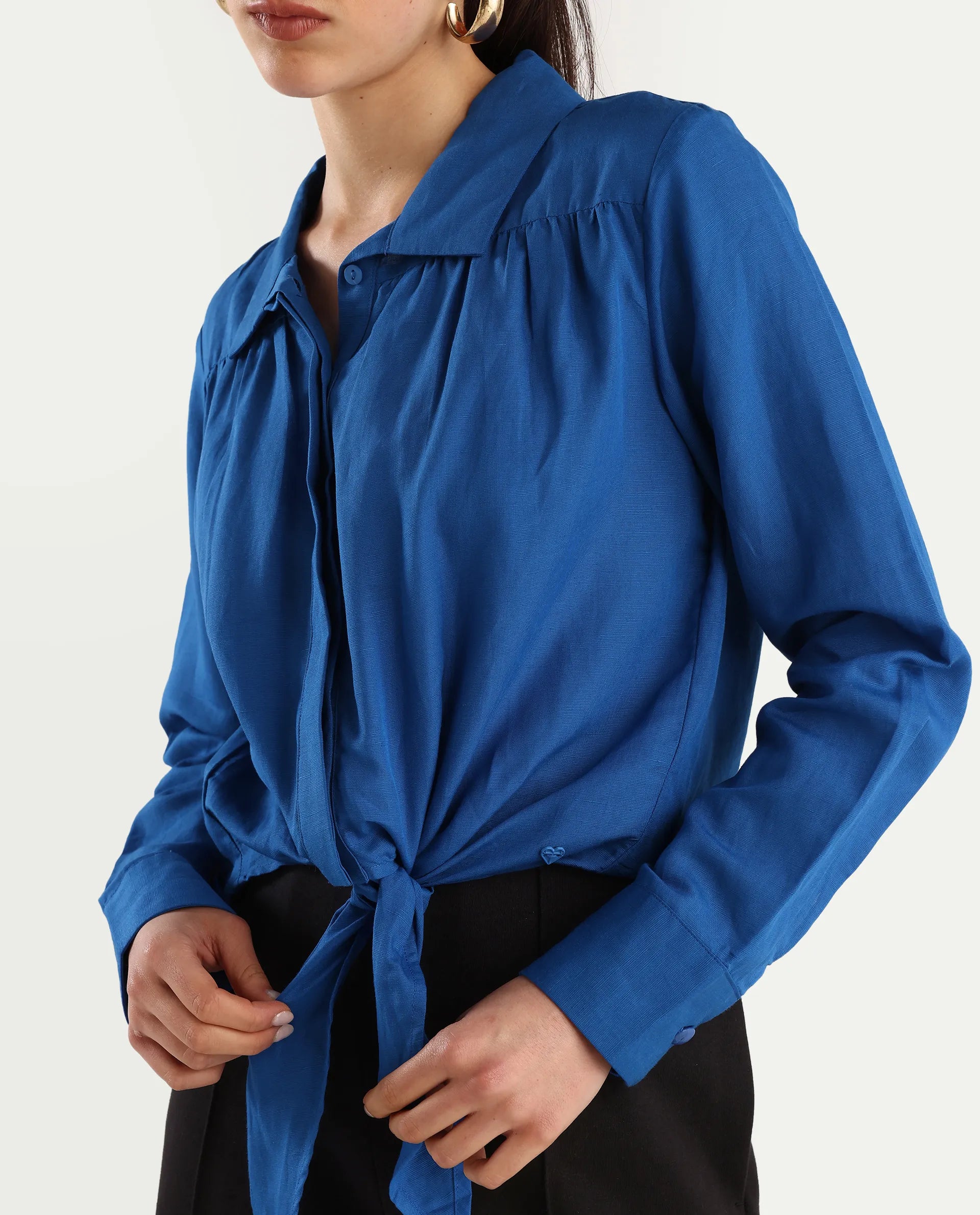 Rareism Women's Janima Blue Modal Blend Spread Collar Plain Cuffed Sleeve Crop Regular Fit Shirt