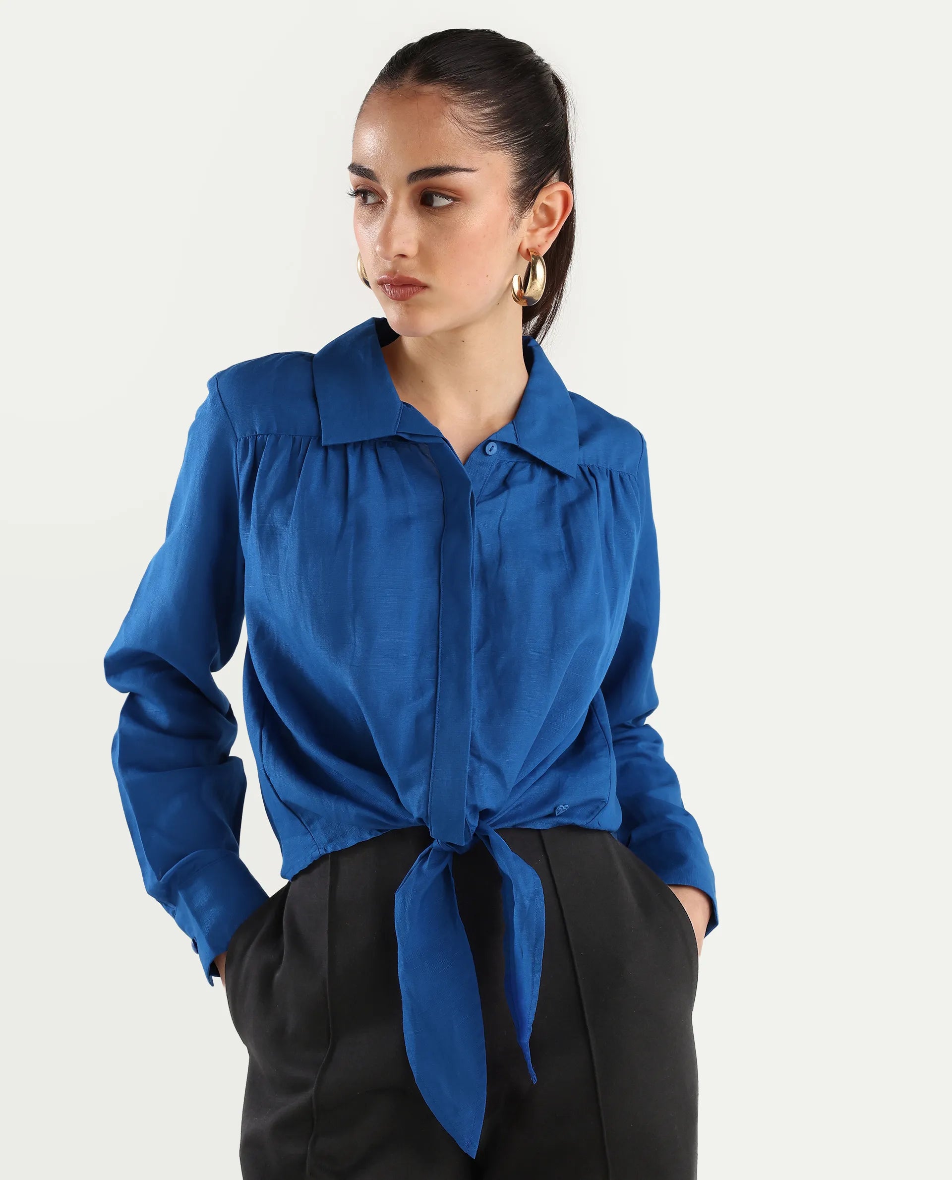 Rareism Women's Janima Blue Modal Blend Spread Collar Plain Cuffed Sleeve Crop Regular Fit Shirt