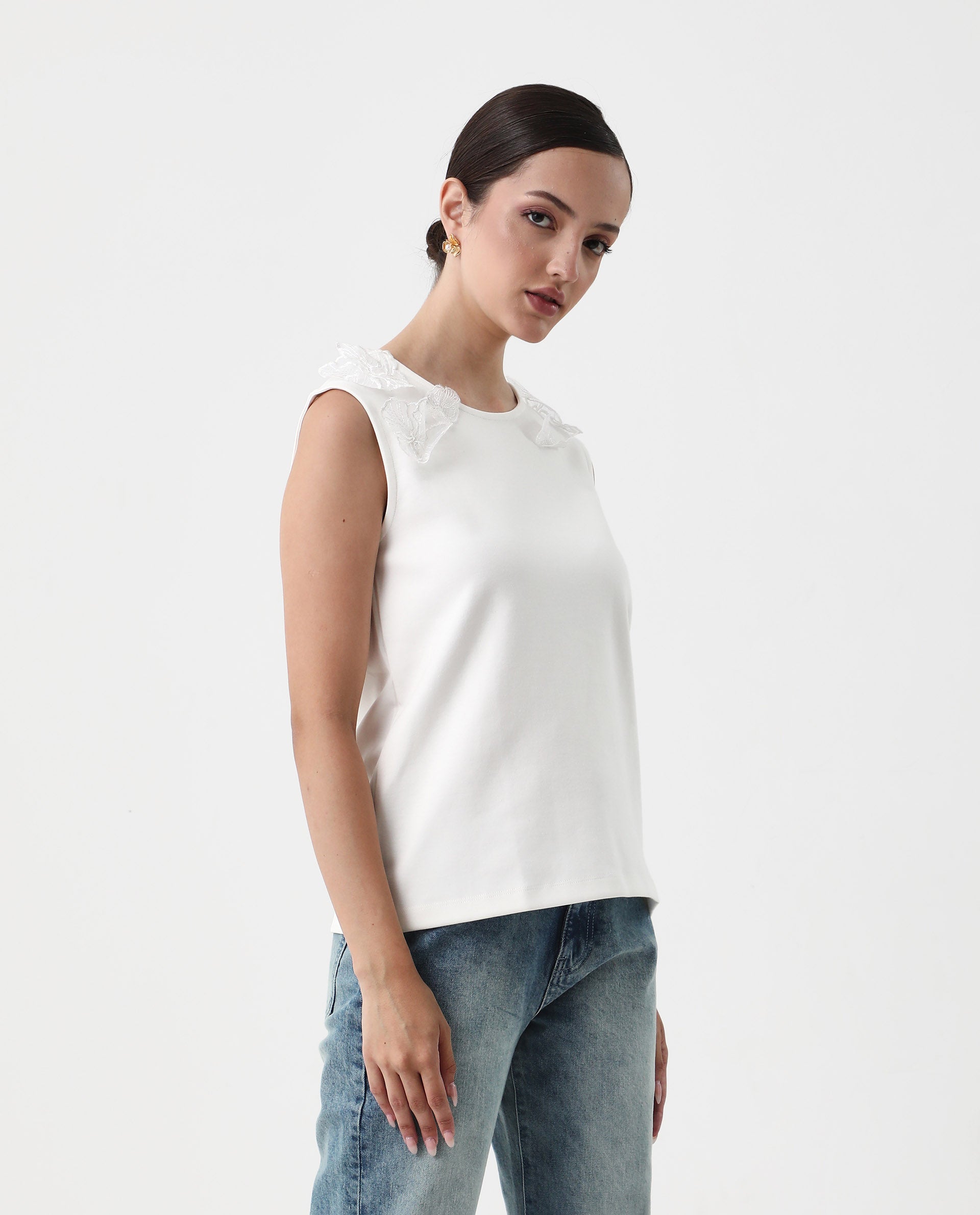 Rareism Women's Janbed Off White Cotton Blend Round Neck Plain Sleeveless Regular Fit T-Shirt