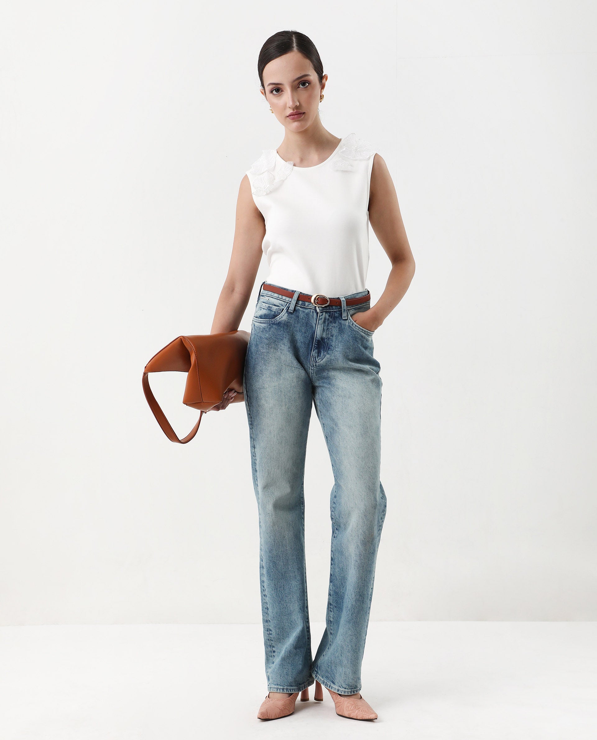 Rareism Women's Janbed Off White Cotton Blend Round Neck Plain Sleeveless Regular Fit T-Shirt