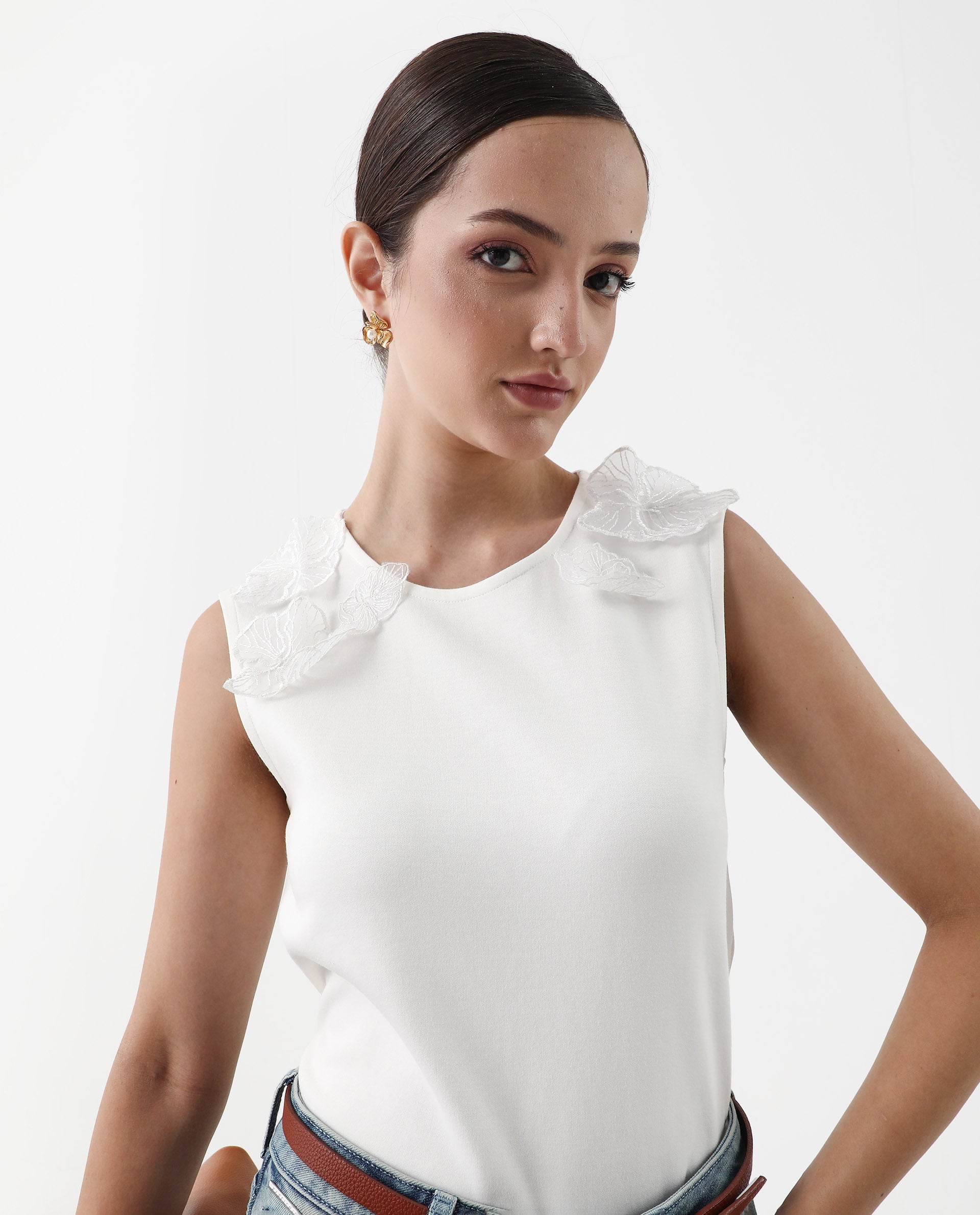 Rareism Women's Janbed Off White Cotton Blend Round Neck Plain Sleeveless Regular Fit T-Shirt