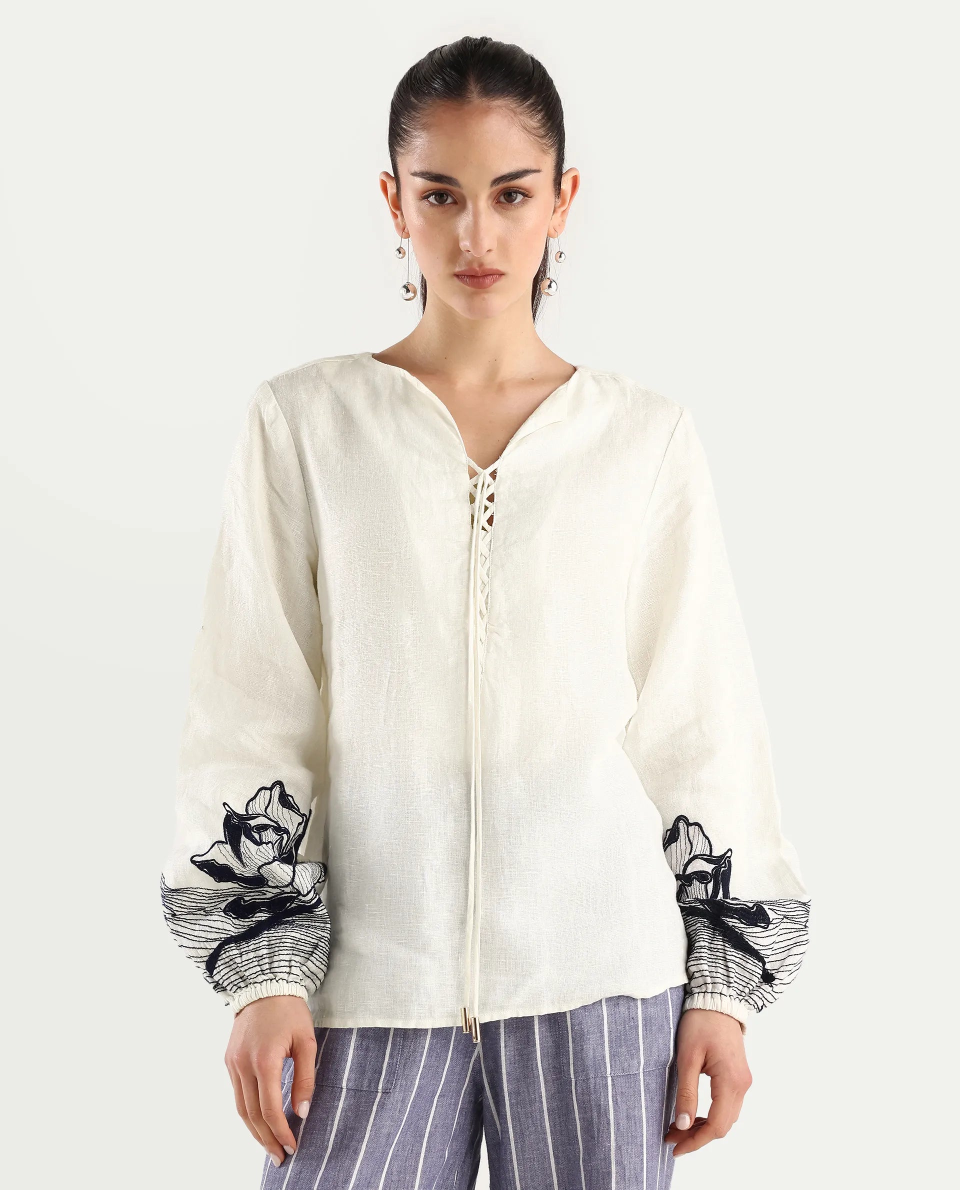 Rareism Women's Janbo White Linen Tie-Up Neck Embroidered Bishop Sleeve Regular Fit Top