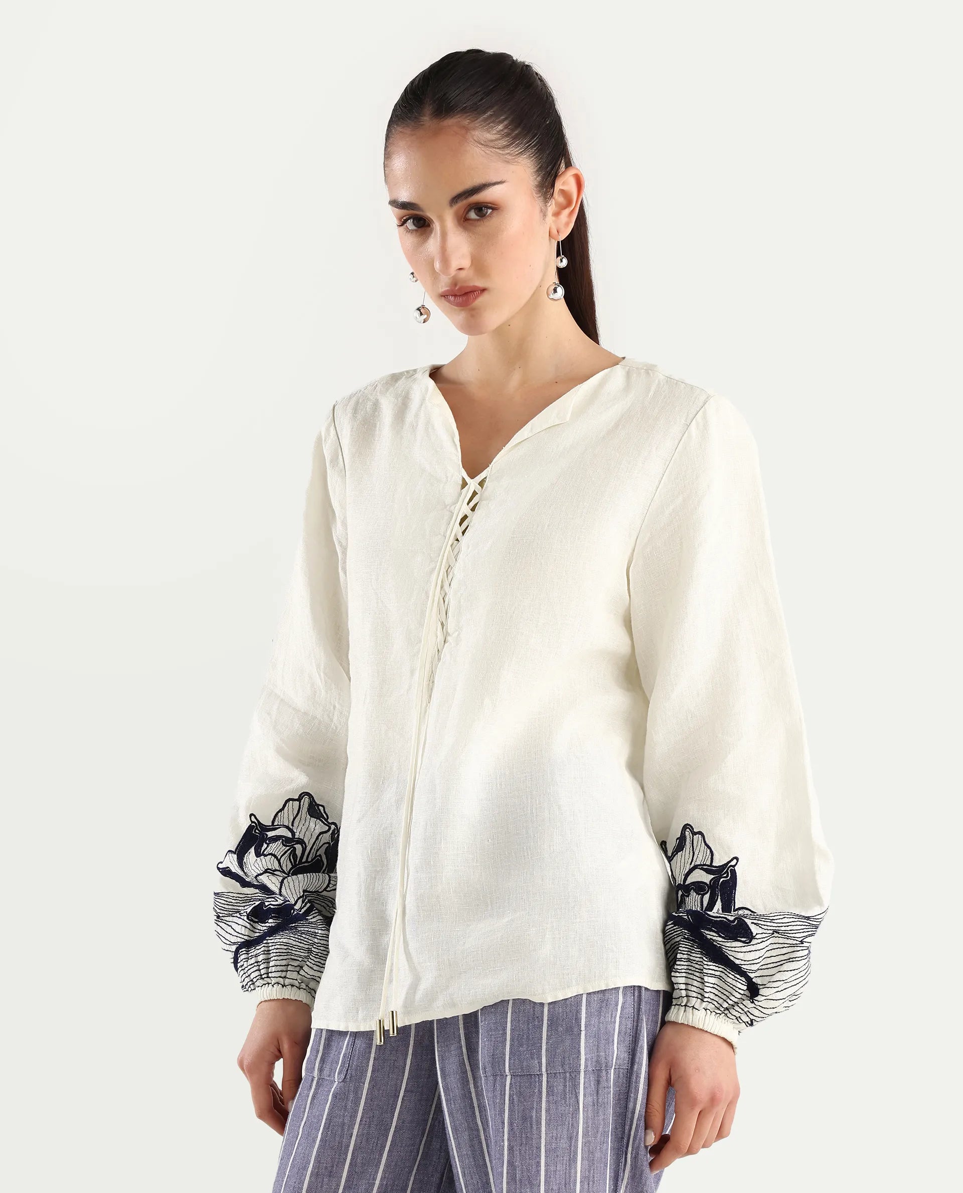 Rareism Women's Janbo White Linen Tie-Up Neck Embroidered Bishop Sleeve Regular Fit Top