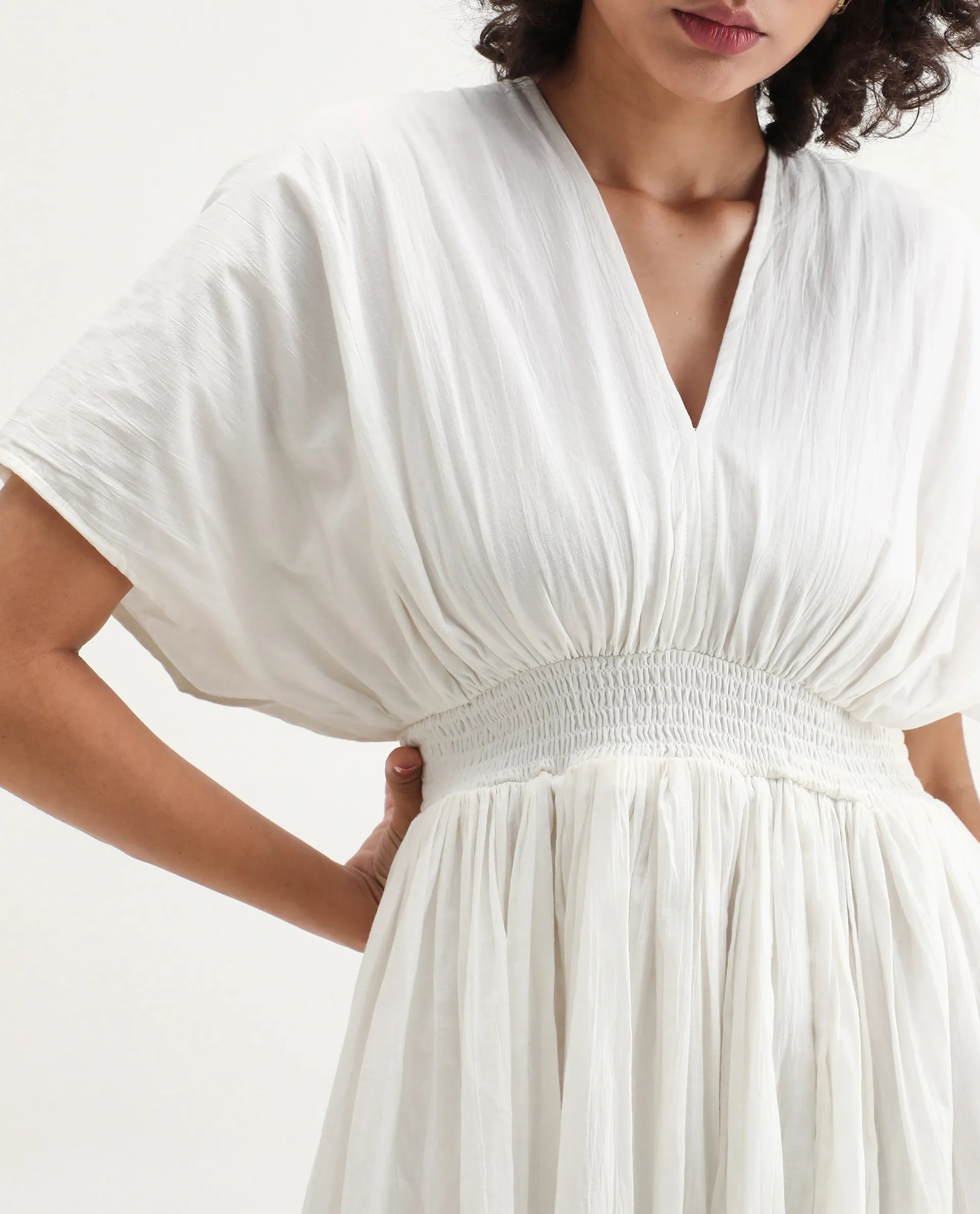 Rareism Women's Janmay Beige Cotton V-Neck Plain Kimono Sleeve Maxi Flared Dress