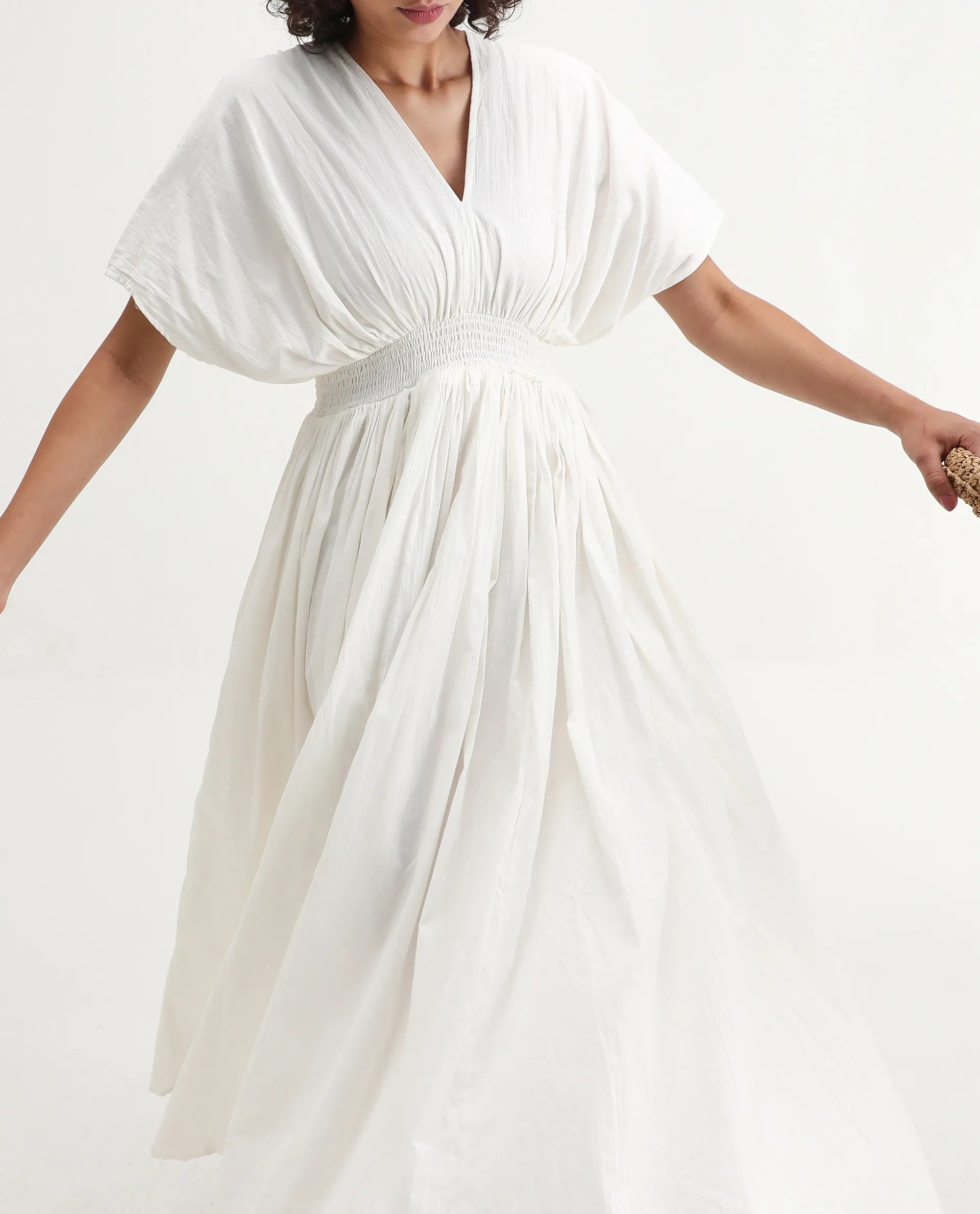 Rareism Women's Janmay Beige Cotton V-Neck Plain Kimono Sleeve Maxi Flared Dress