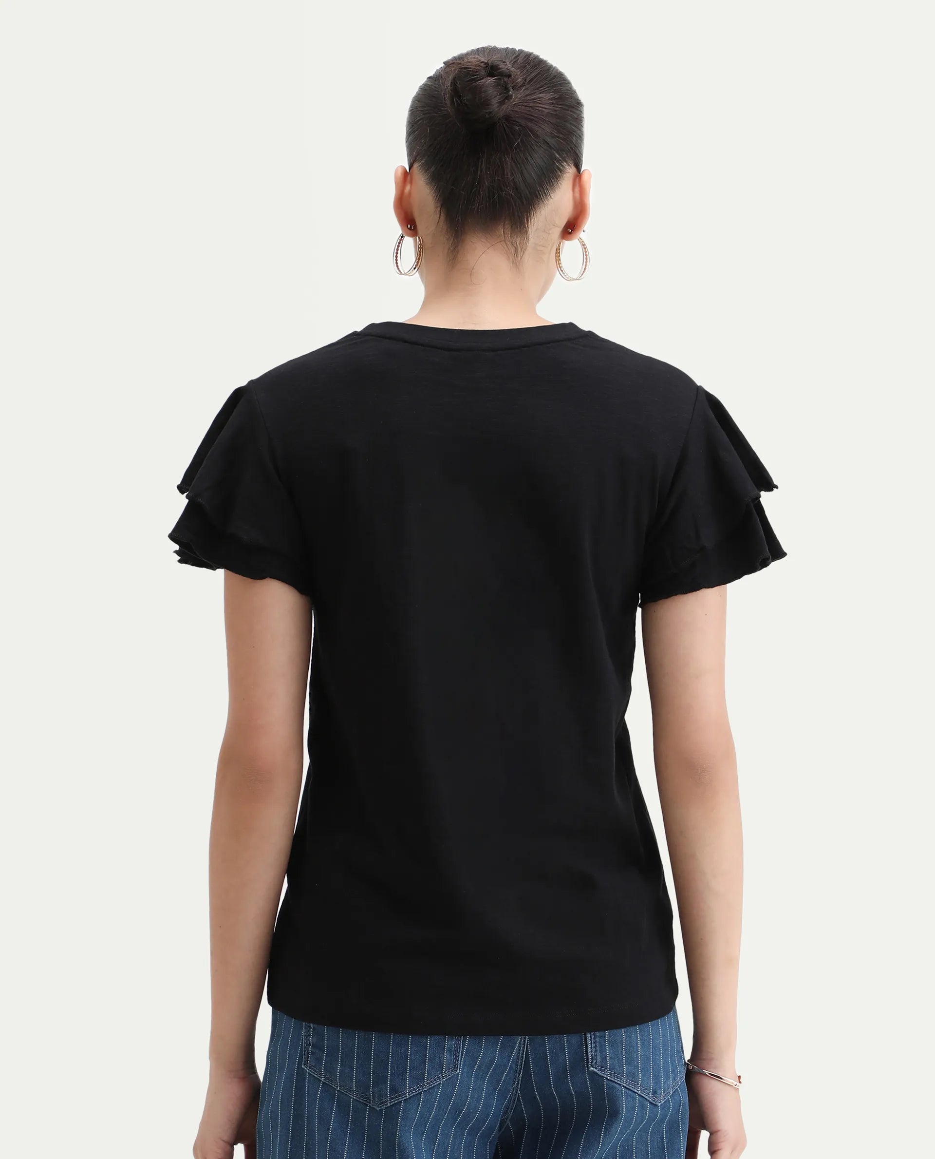 Rareism Women's Janruf Black Cotton Round Neck Plain Ruffled Sleeve Regular Fit T-Shirt