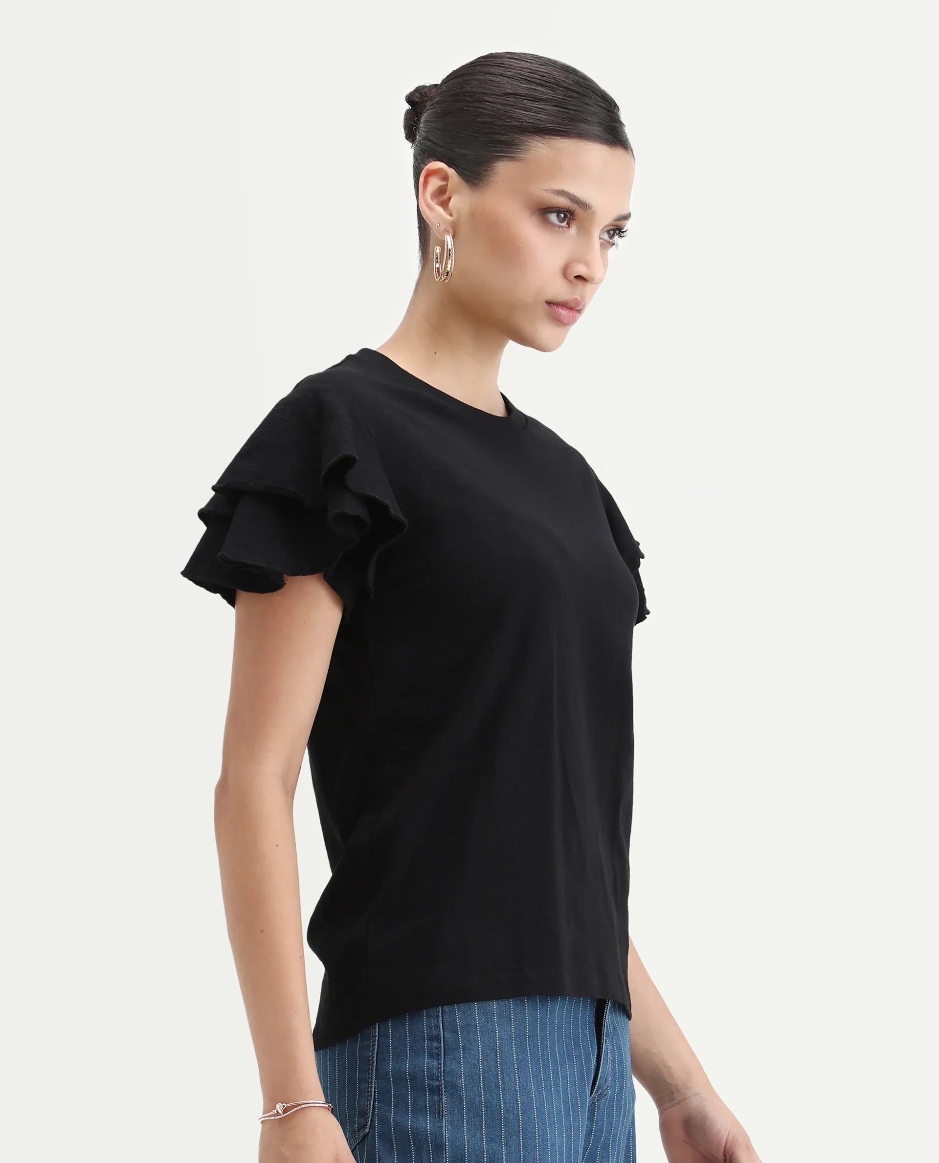 Rareism Women's Janruf Black Cotton Round Neck Plain Ruffled Sleeve Regular Fit T-Shirt